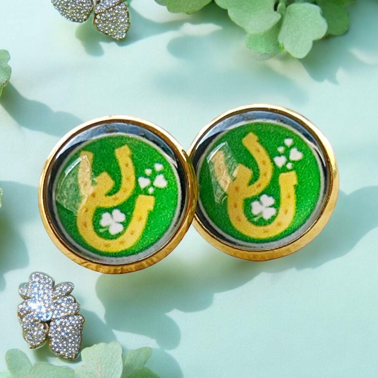 Lucky Horseshoe Stud Earrings – Green & Gold St. Patrick’s Day Jewelry for Her