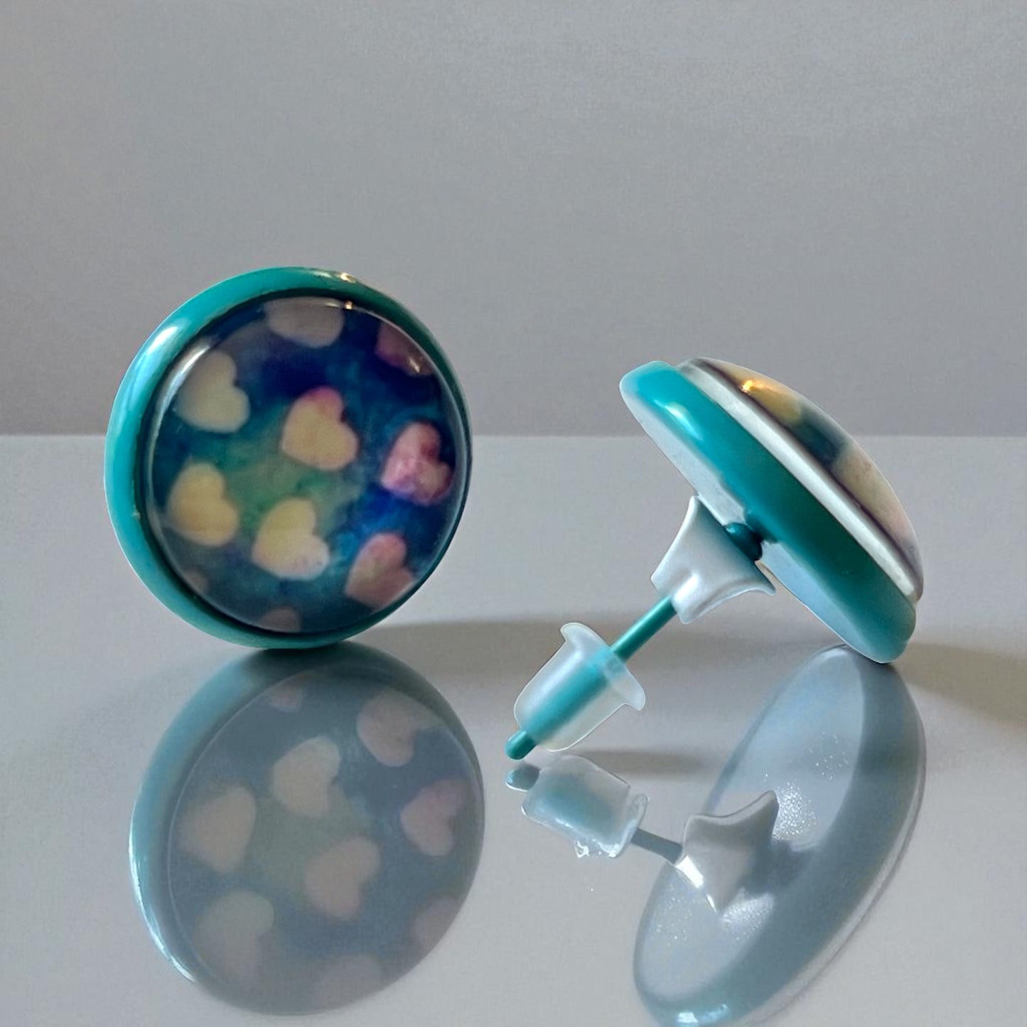 Galaxy Heart Stud Earrings – Whimsical Handmade Jewelry in Teal