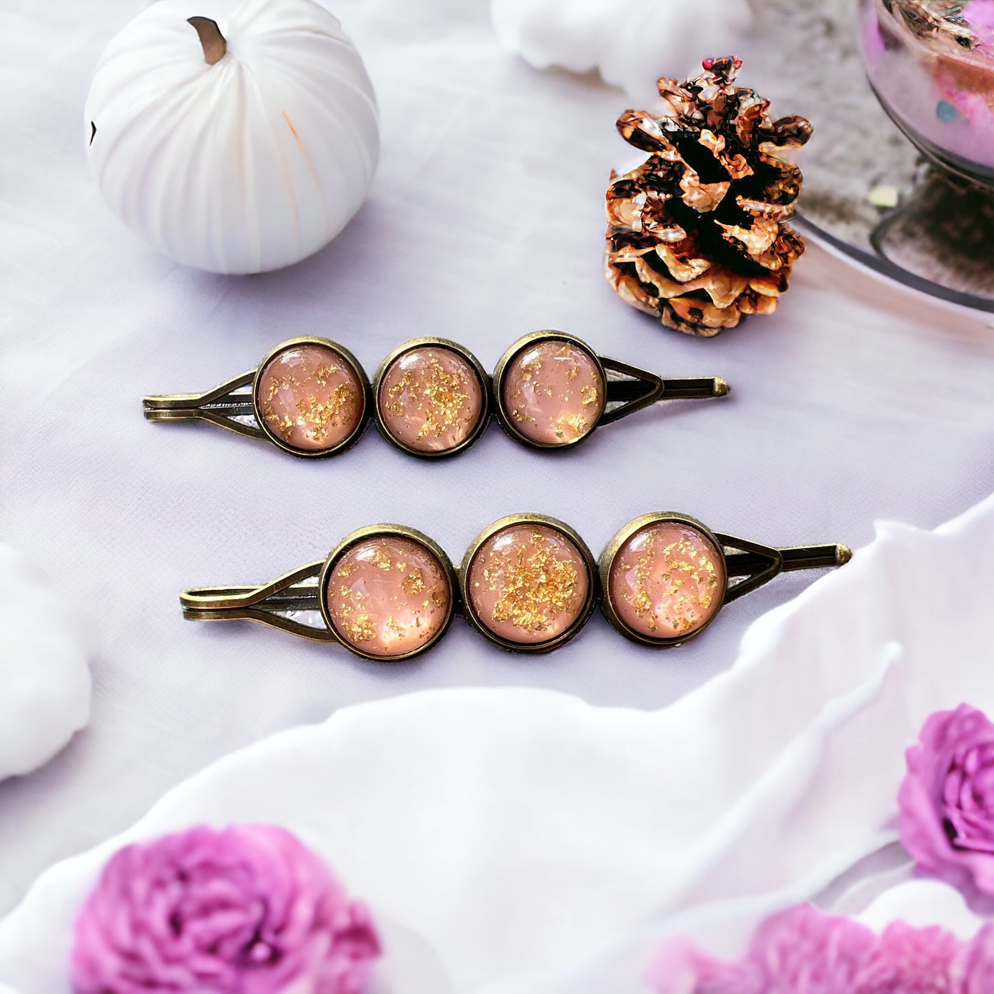 Blush Pink & Gold Foil Hair Pins – Set of 2 Romantic Handmade Accessories