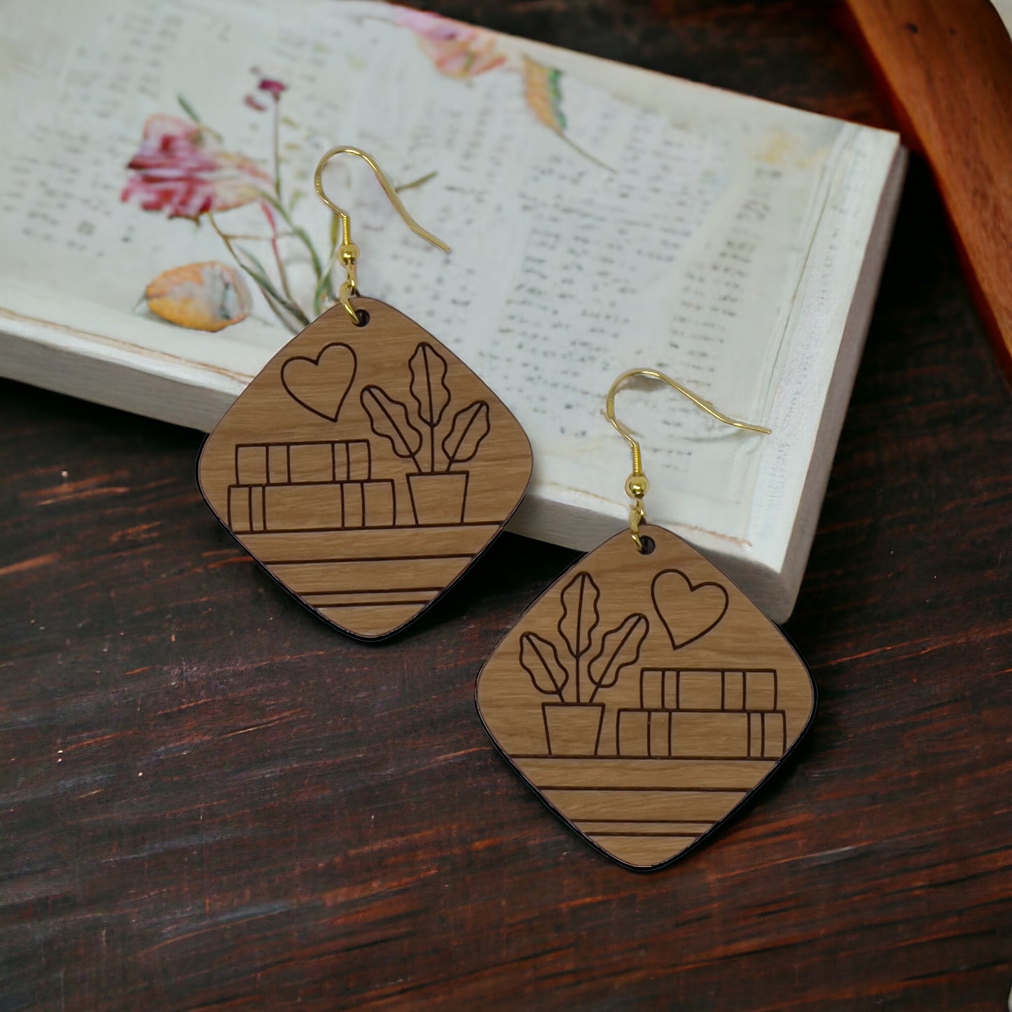 Books & Plants Wood Earrings – Boho Cottagecore Jewelry
