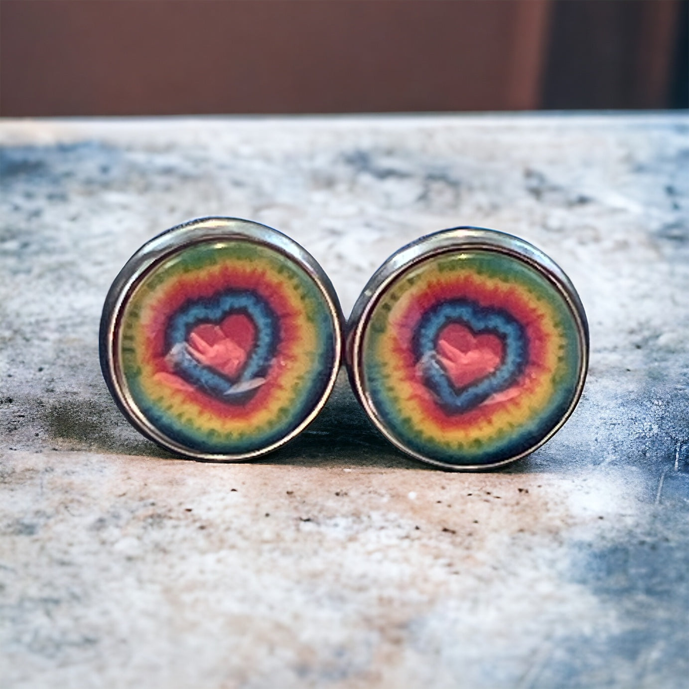 Rainbow Heart Stud Earrings – Colorful Tie-Dye Silver Jewelry