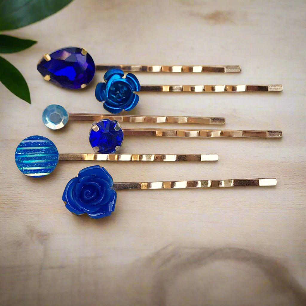 Cobalt Blue Rhinestone Floral Gold Hair Pins - Elegant Accents for Glamorous Hairstyles