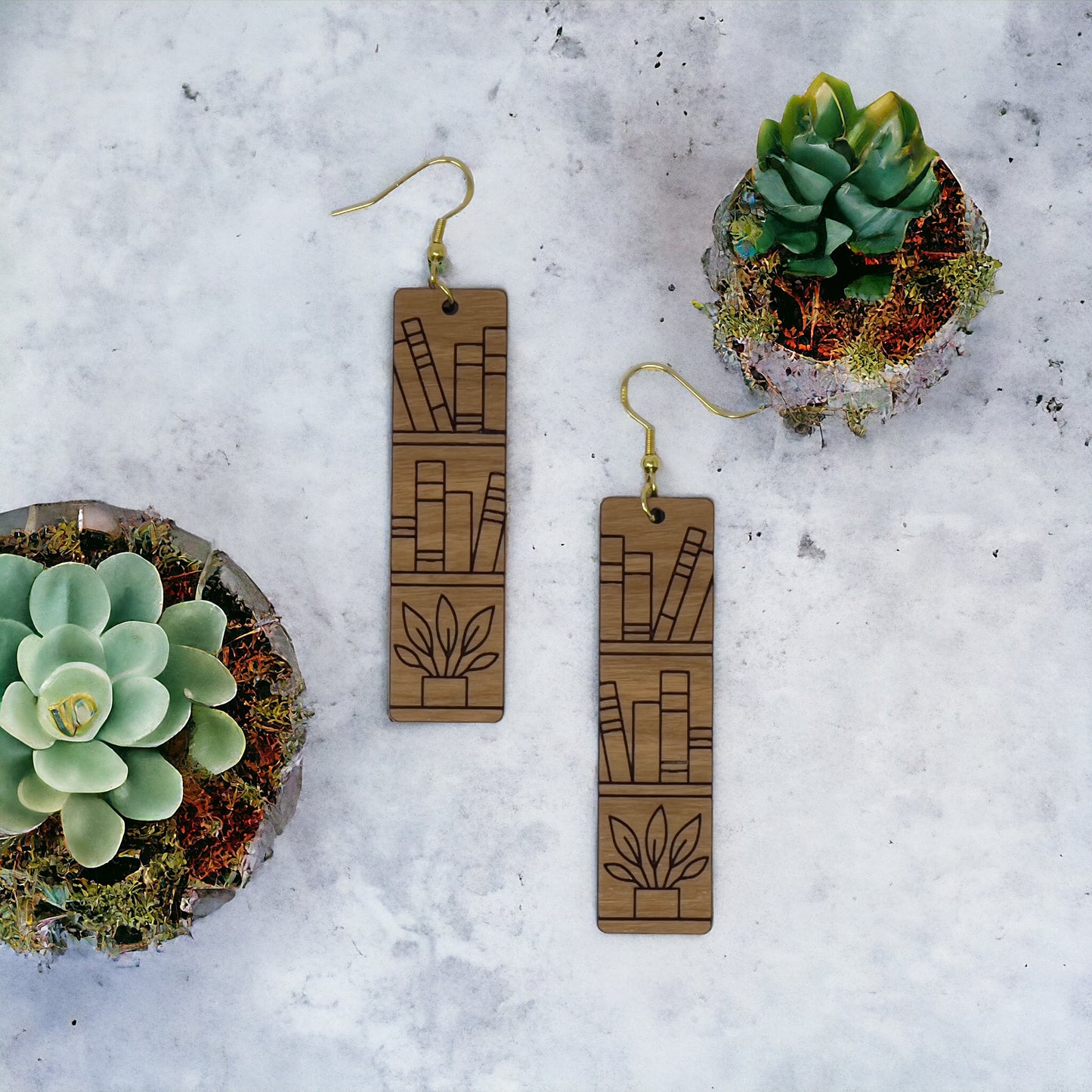 Bookshelf Wood Earrings – Handmade Boho Literary Jewelry