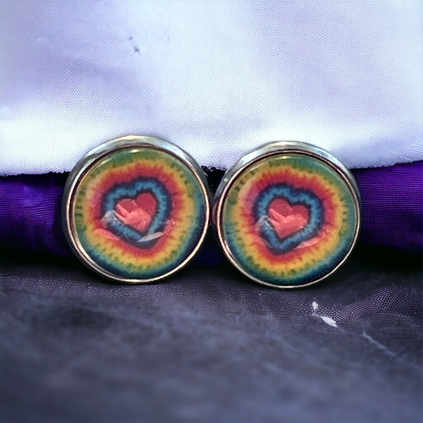 Rainbow Heart Stud Earrings – Colorful Tie-Dye Silver Jewelry