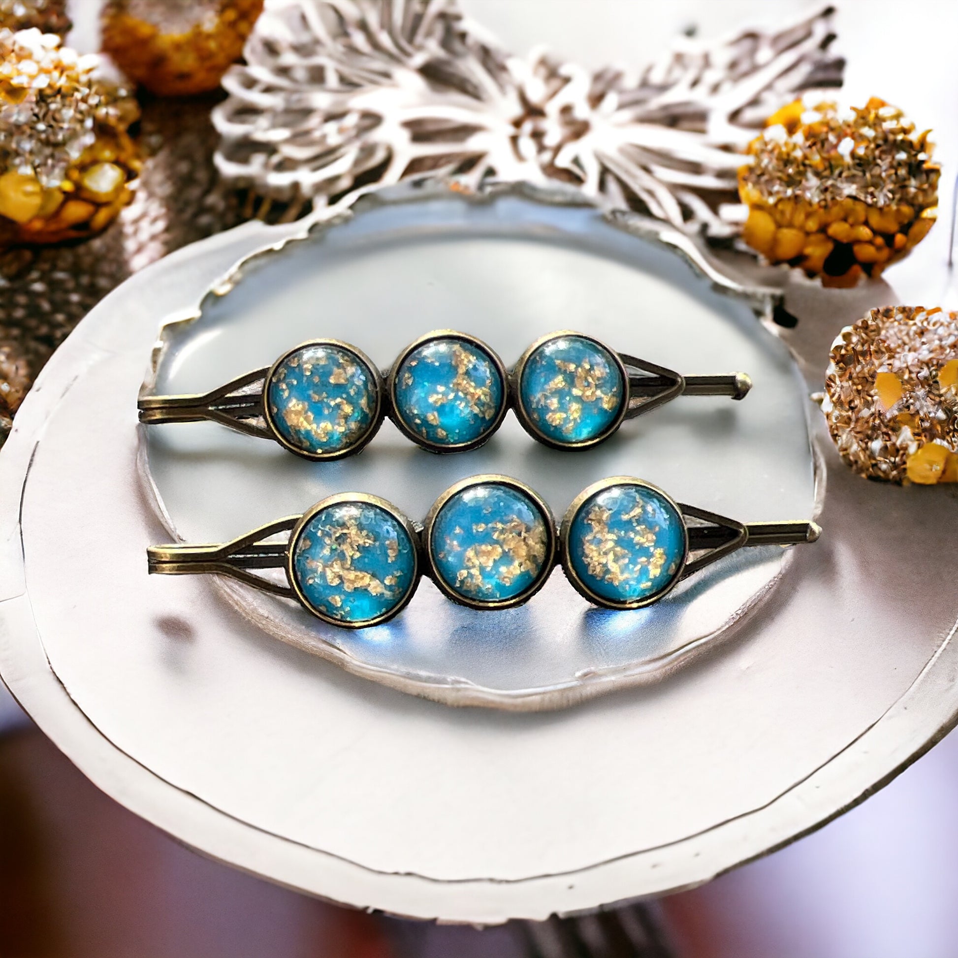Blue Gold Flake Glitter Hair Pins - Sparkling & Elegant Hair Accessories