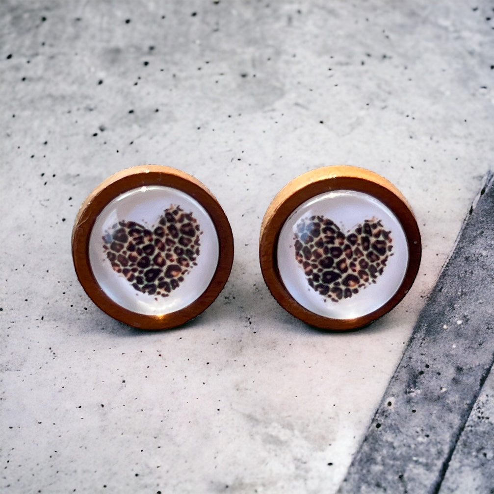 Animal Print Heart Wood Earring Studs - Rustic & Unique Accessories