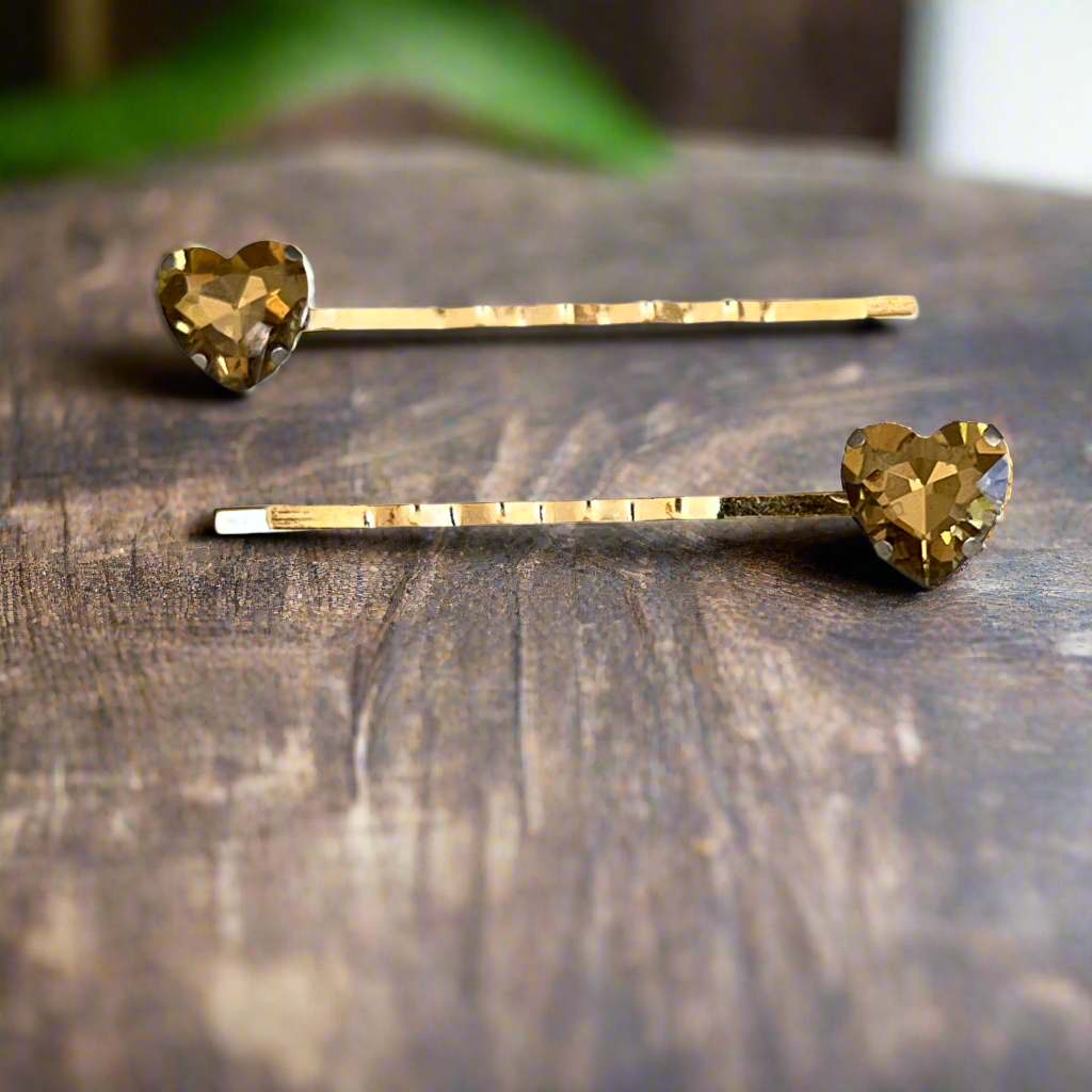 Gold Rhinestone Heart Hair Pins - Elegant & Glamorous Accessories