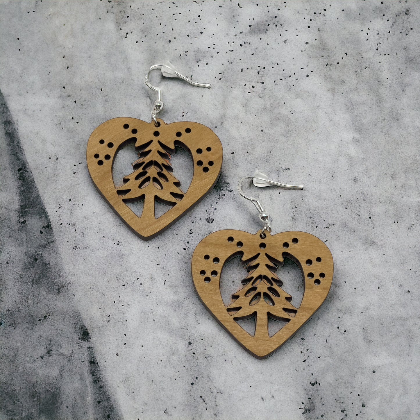 Heart Tree Cutout Earrings – Wooden Christmas Forest Dangles with Gold Hooks