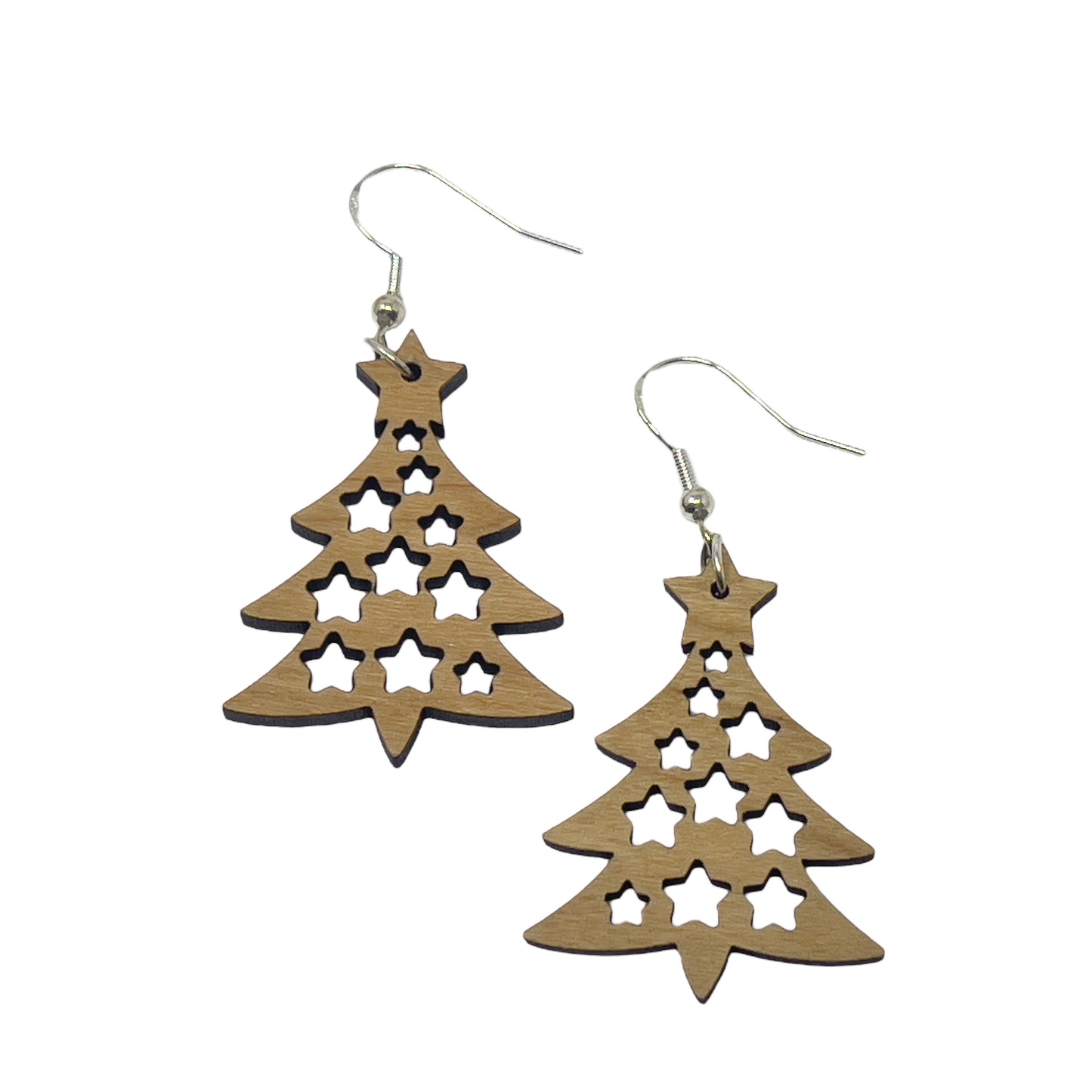Wood Christmas Tree Earrings – Star Cutout Holiday Jewelry in Natural Wood