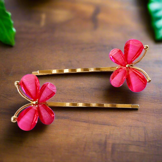 Hot Pink Butterfly Hair Pins – Glitter Resin Hair Clips with Gold Base