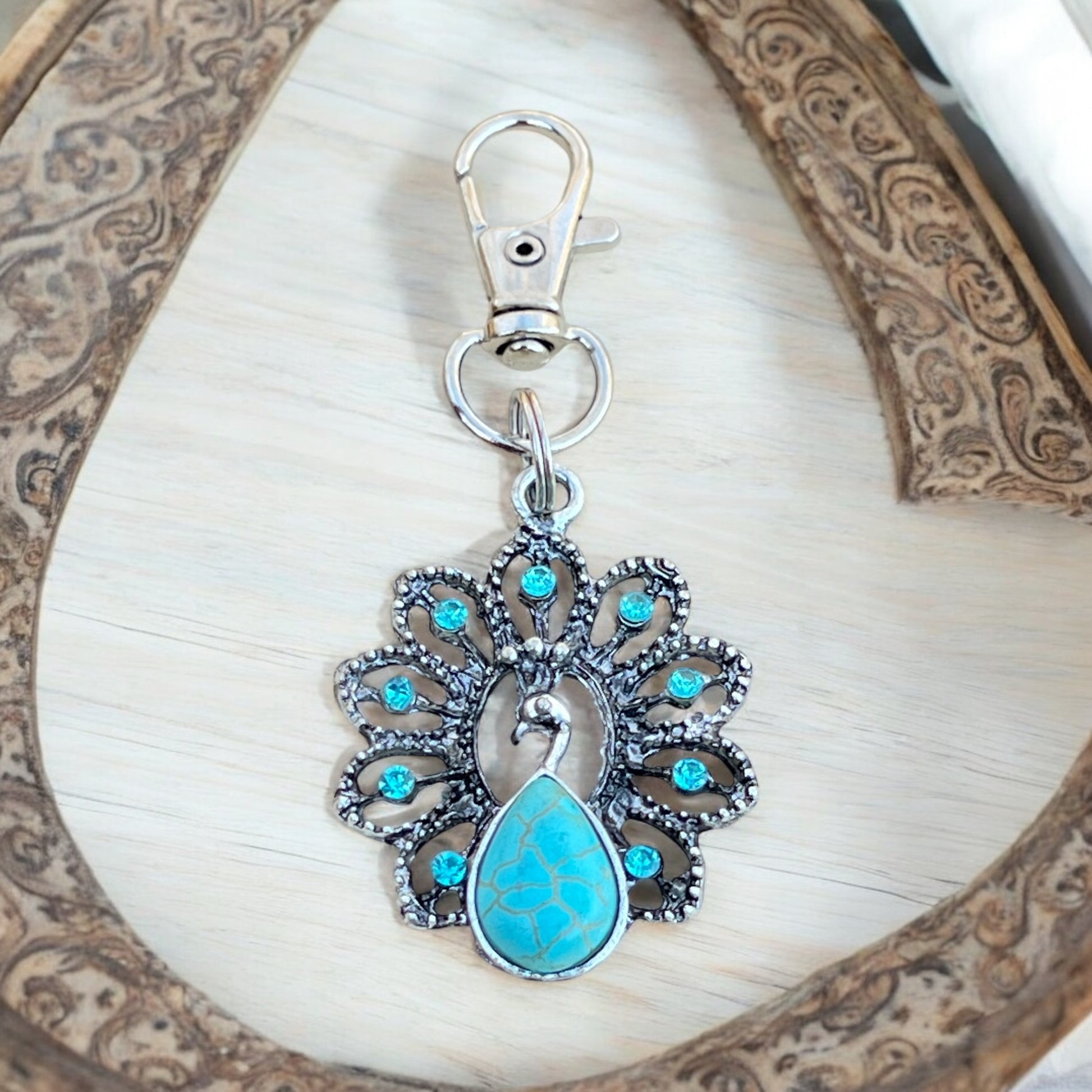 Turquoise Peacock Keychain – Handmade Boho Bag Charm