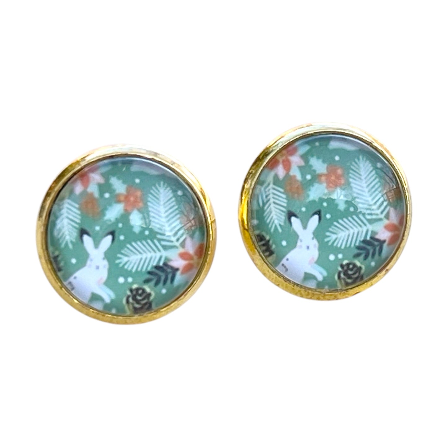 Bunny & Floral Stud Earrings – Handmade Spring Jewelry in Gold Setting