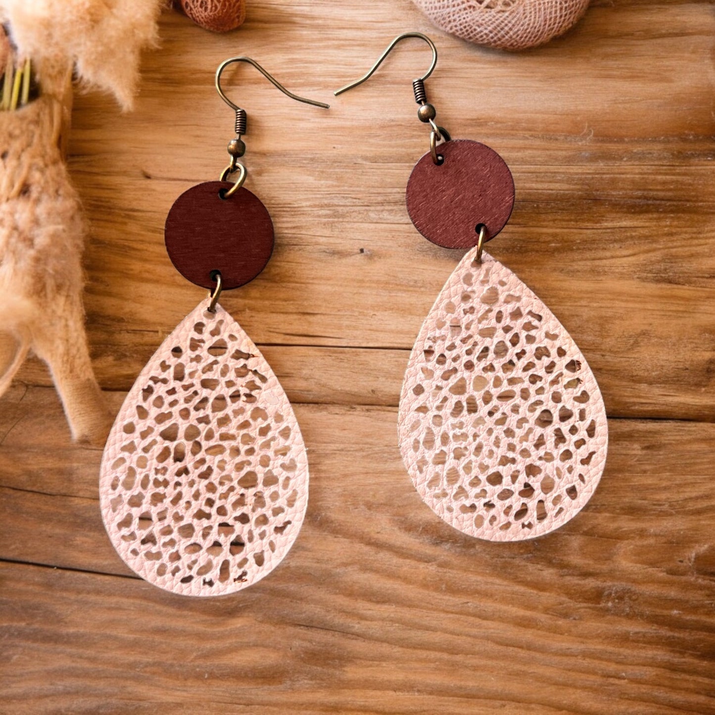 Wood & Off-White Leather Earrings – Natural Boho Chic Jewelry