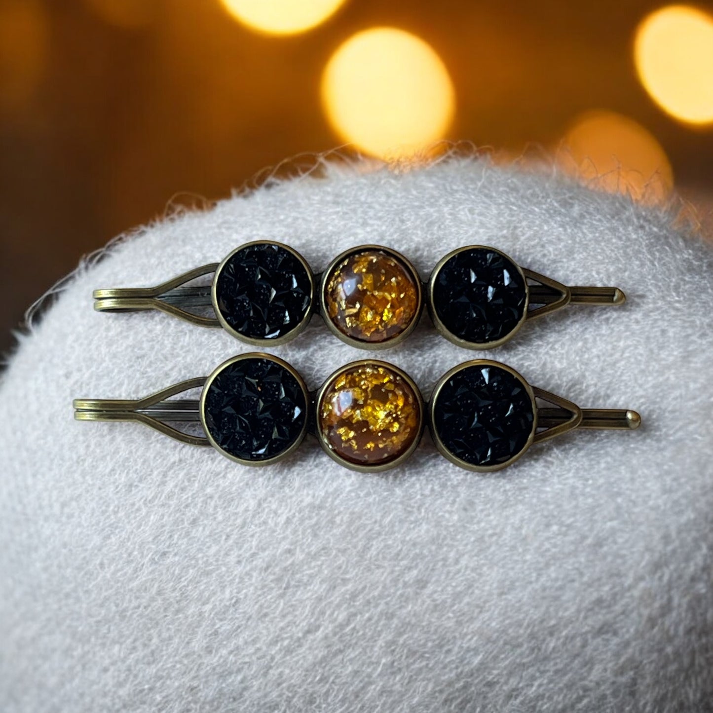Fall Hair Pin Set – Amber & Black Crystal Handmade Bobby Pins