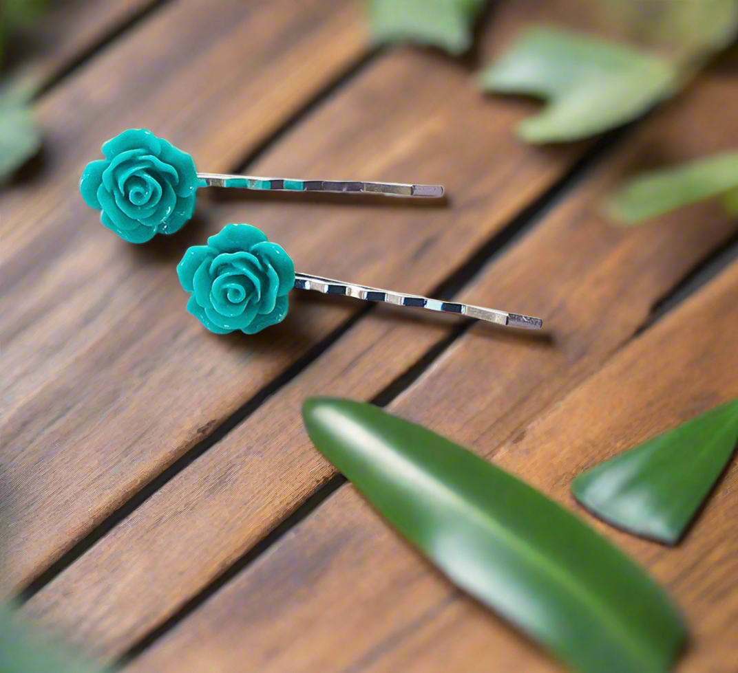 Green Rose Hair Pins -Bridal Hair Accessories - Floral Bobby Pins