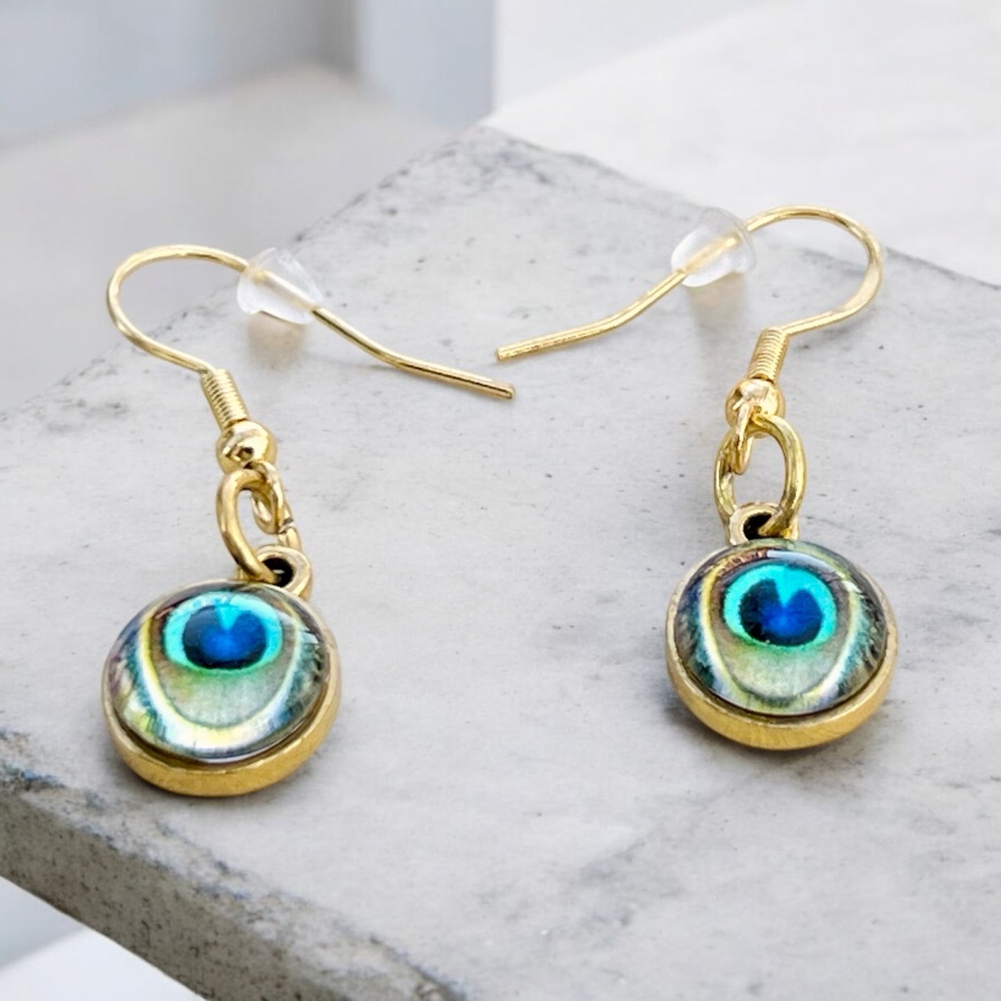 Peacock Eye Earrings – Handmade Gold Boho Dangles