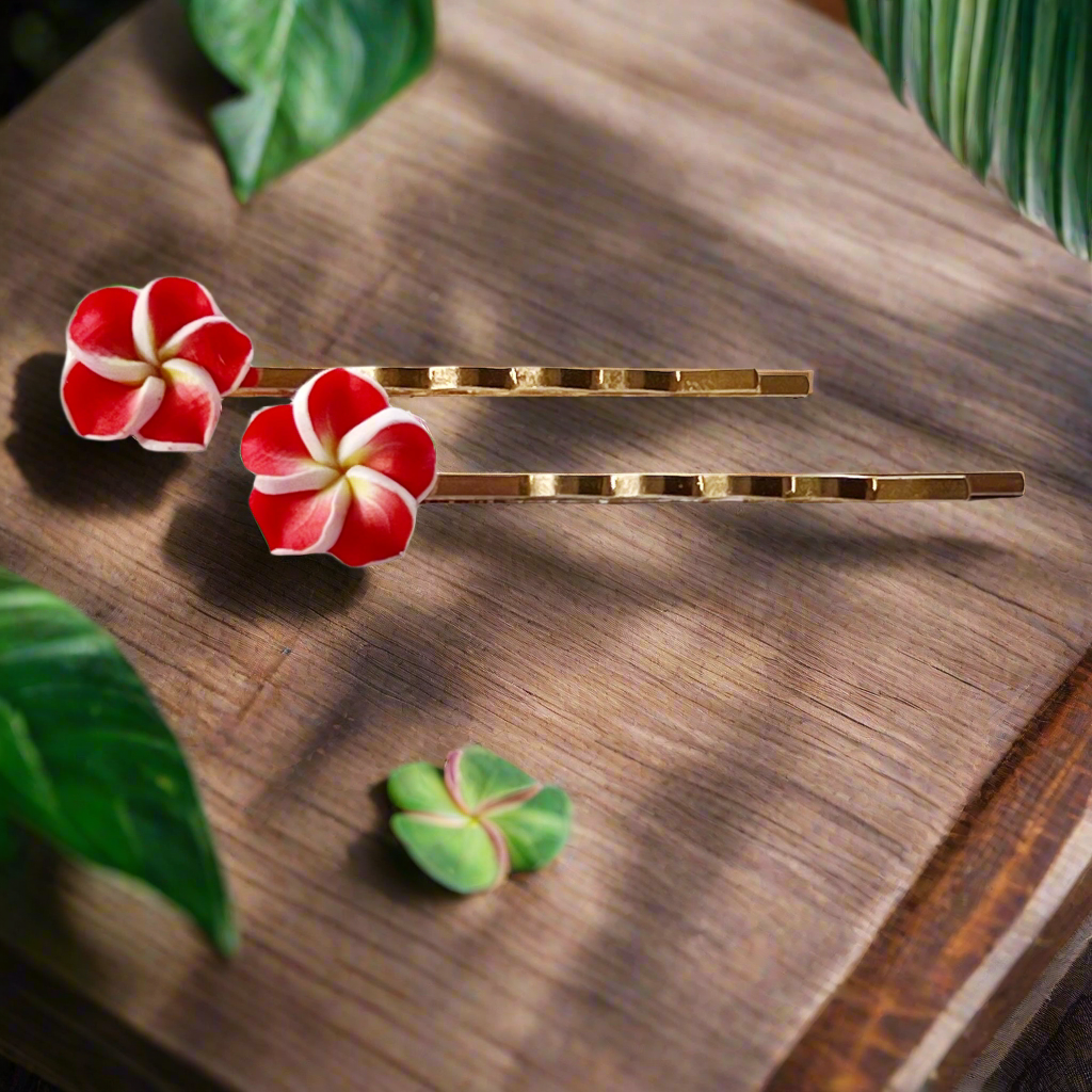 Red Flower Hair Pin - Tropical Floral Bobby Pins - Boho Set of 2
