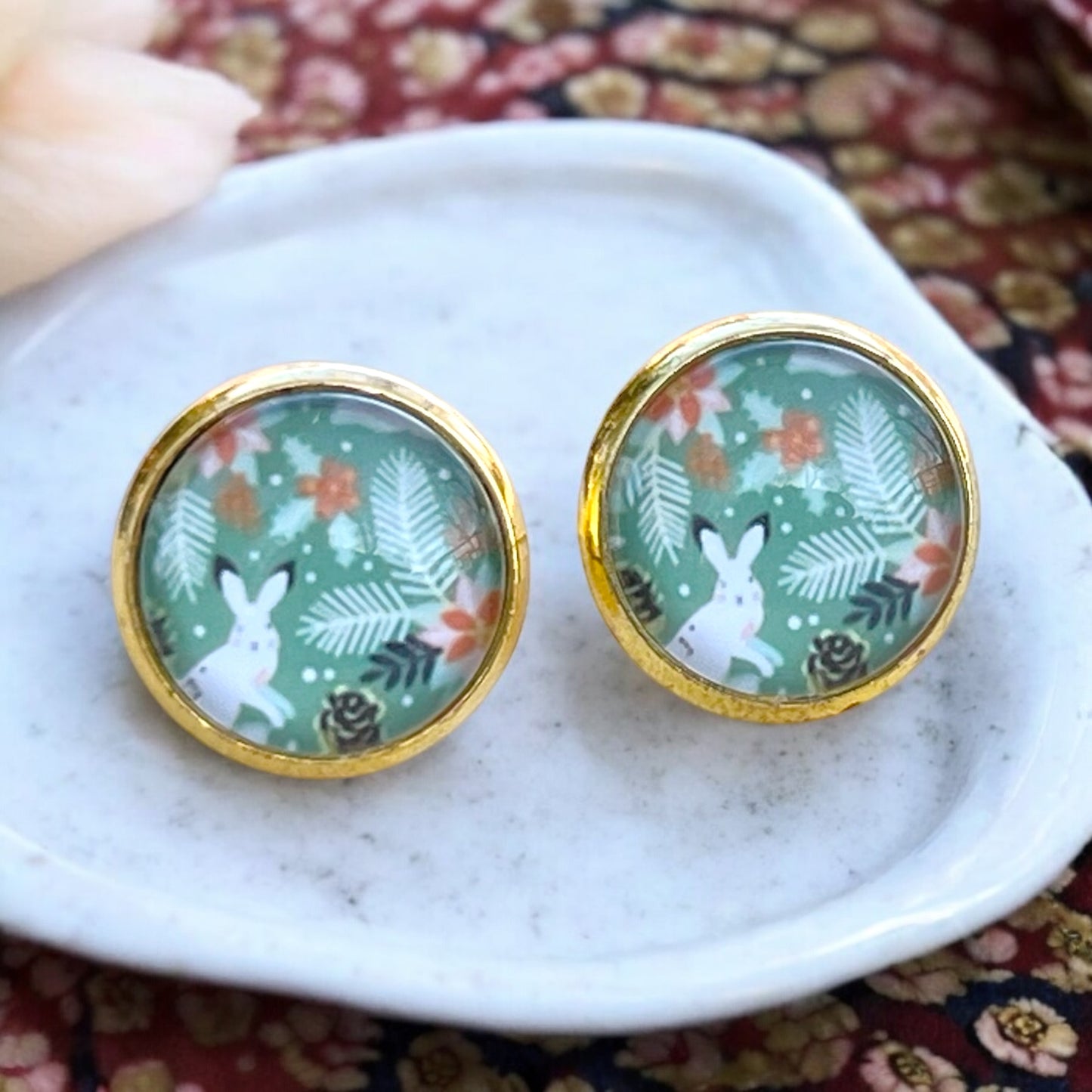 Bunny & Floral Stud Earrings – Handmade Spring Jewelry in Gold Setting