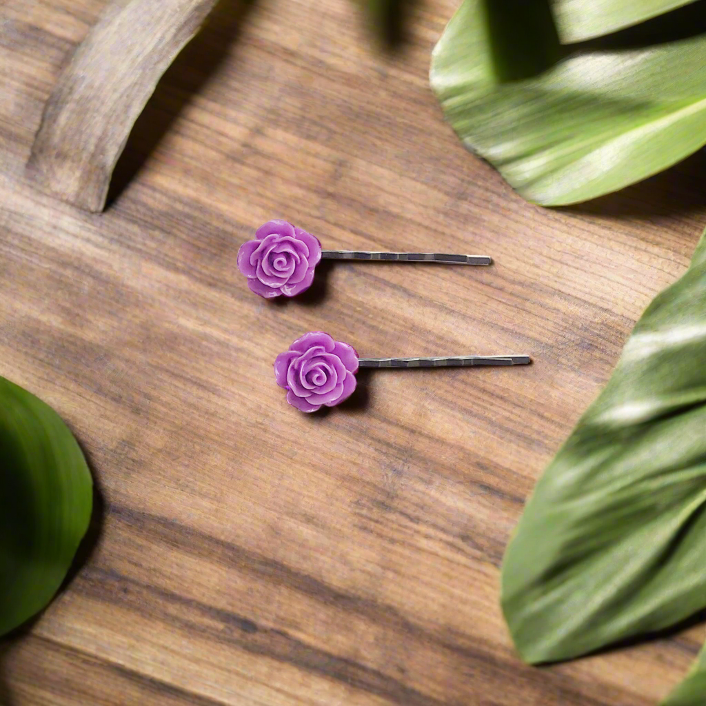 Purple Flower Hair Pins - Set of 2 Rose Bobby Pins