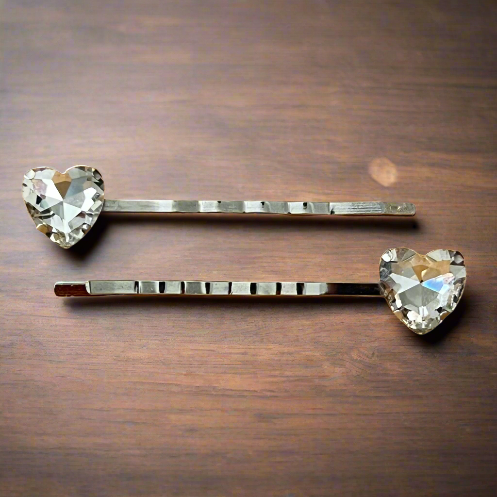 Heart Rhinestone Hair Pins - Set of 2 Decorative Bobby Pins