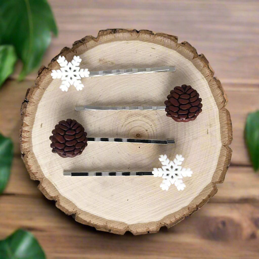 Fall Pinecone Hair Pins - Winter Snowflake Bobby Pins Set of 4