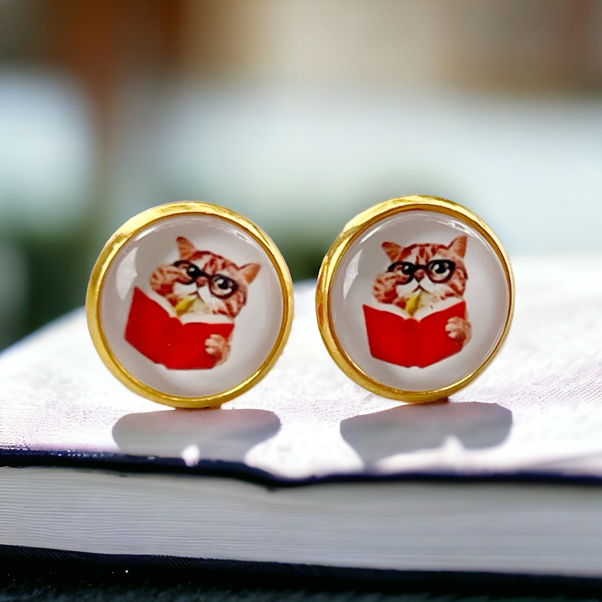 Cat Reading Book Gold-Toned Stud Earrings: Whimsical Literary Accessories