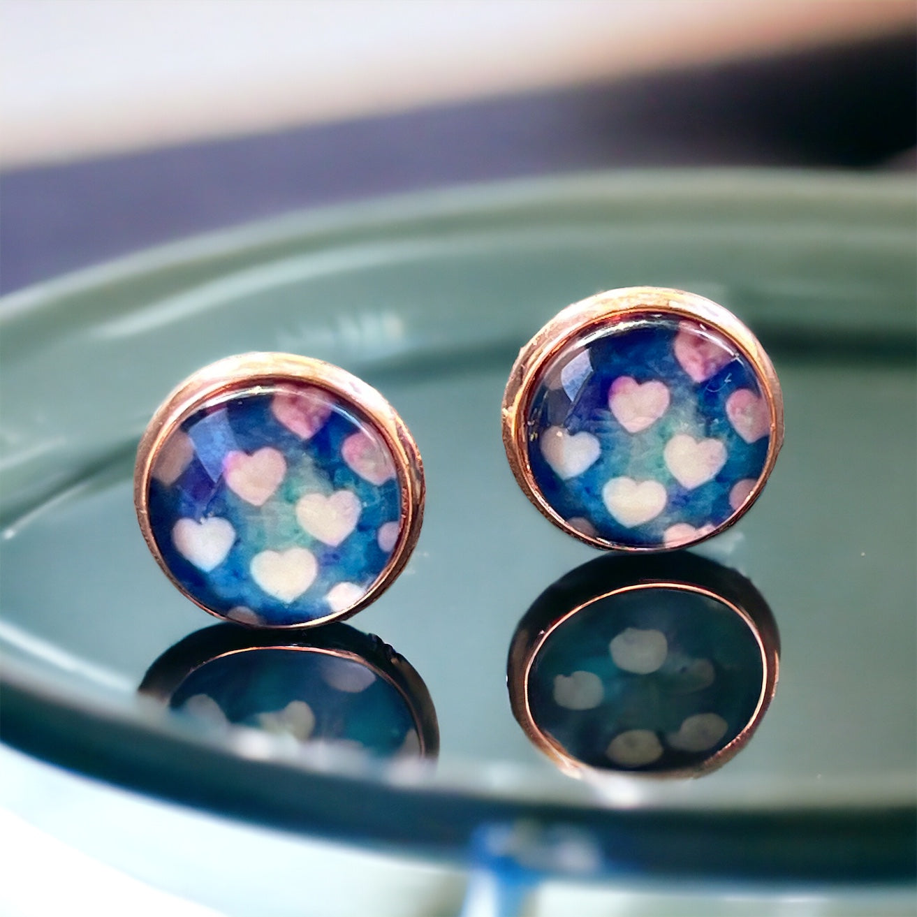 Galaxy Heart Stud Earrings – Whimsical Pastel Love Jewelry in Rose Gold