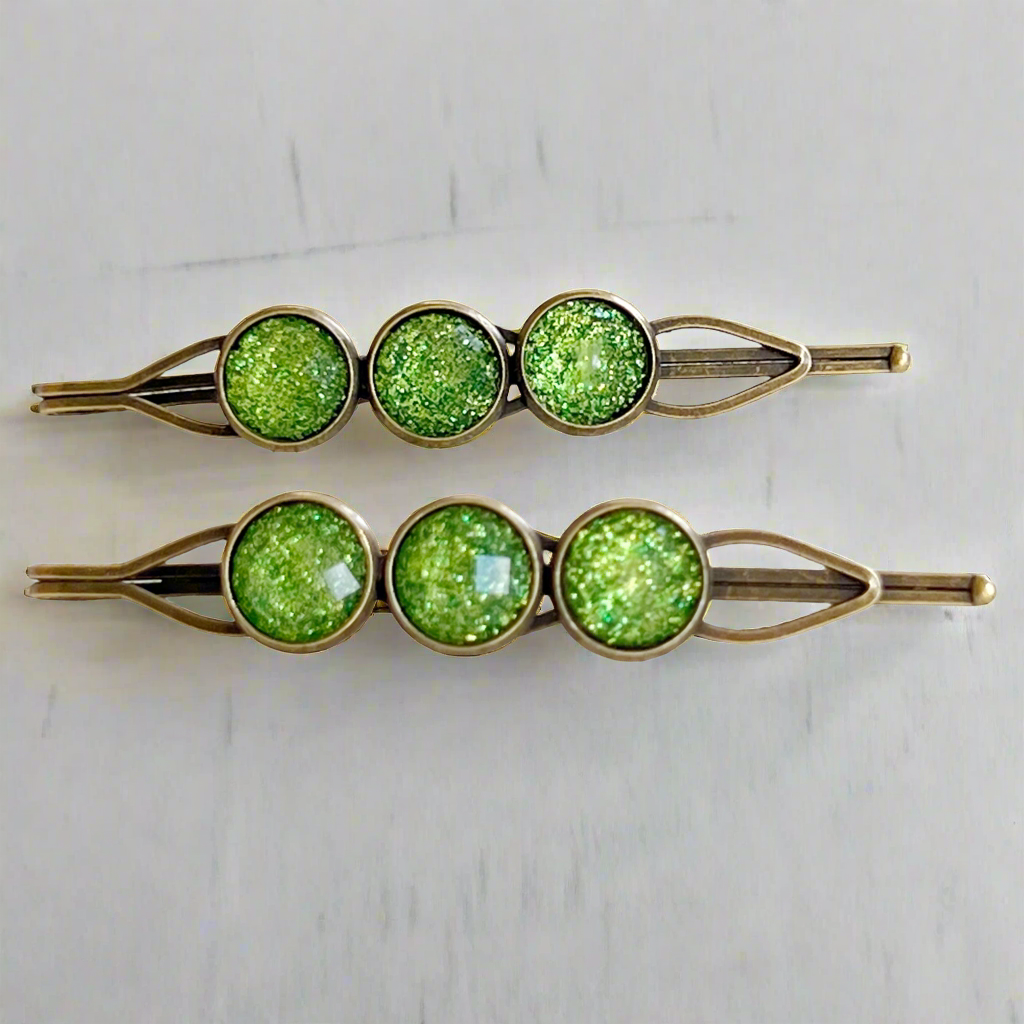 Green Shimmer Hair Pins – Sparkly Boho Hair Accessories Antique Bronze Finish