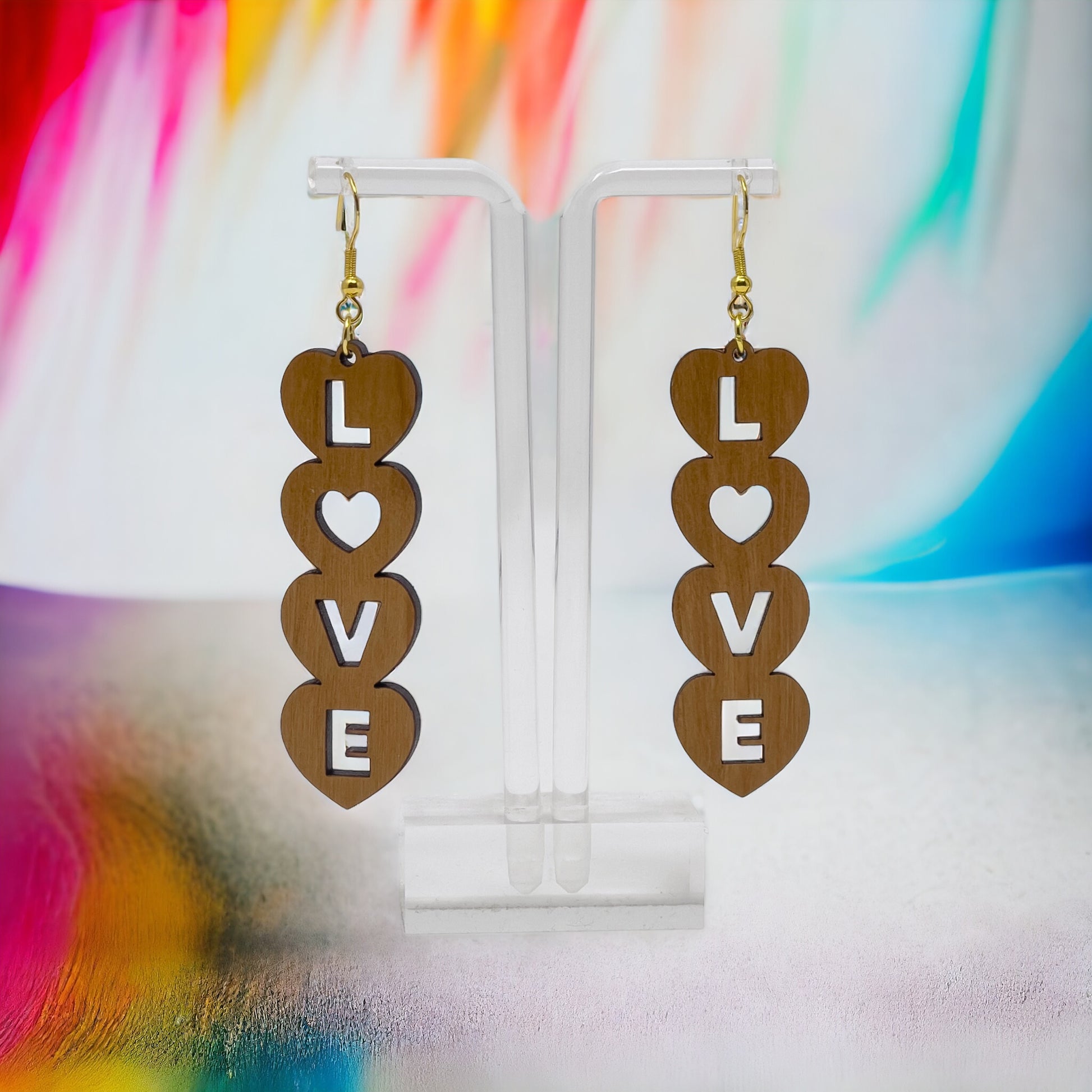 Heart Earrings with Cutout Letters that Spell Love - Rustic Valentine's Dangle Earrings