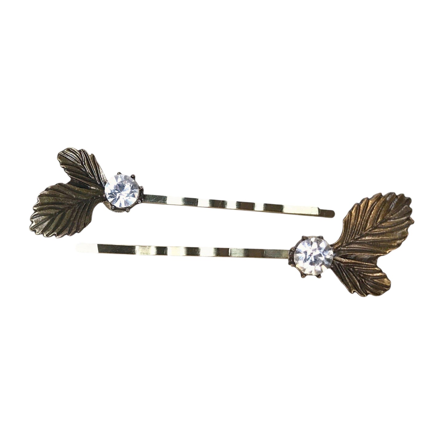Antique Leaf Hair Pins – Vintage Brass Hair Clips with Rhinestones Set of 2