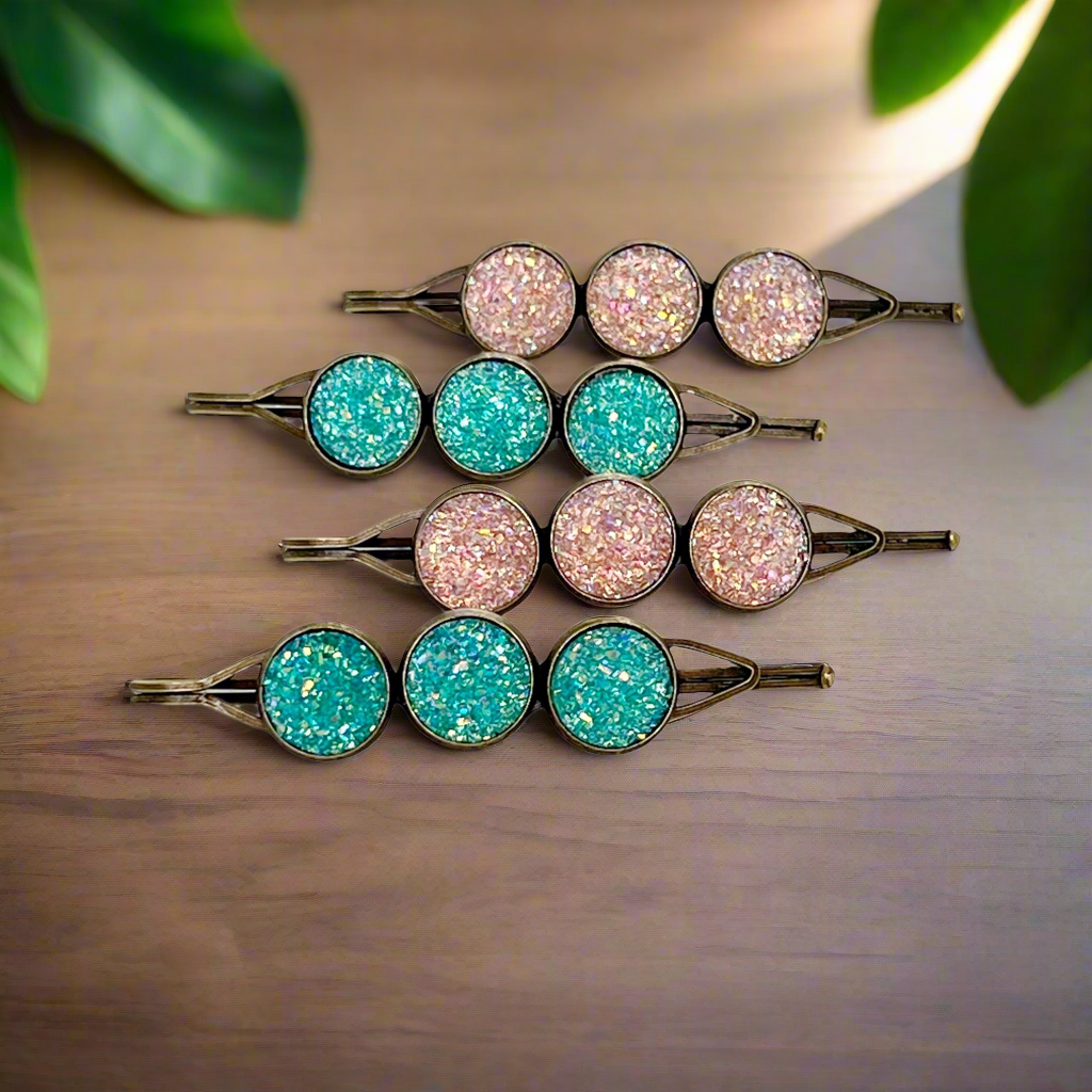 Turquoise & Rose Gold Druzy Hair Pins: Set of 4 Boho Chic Hair Clips