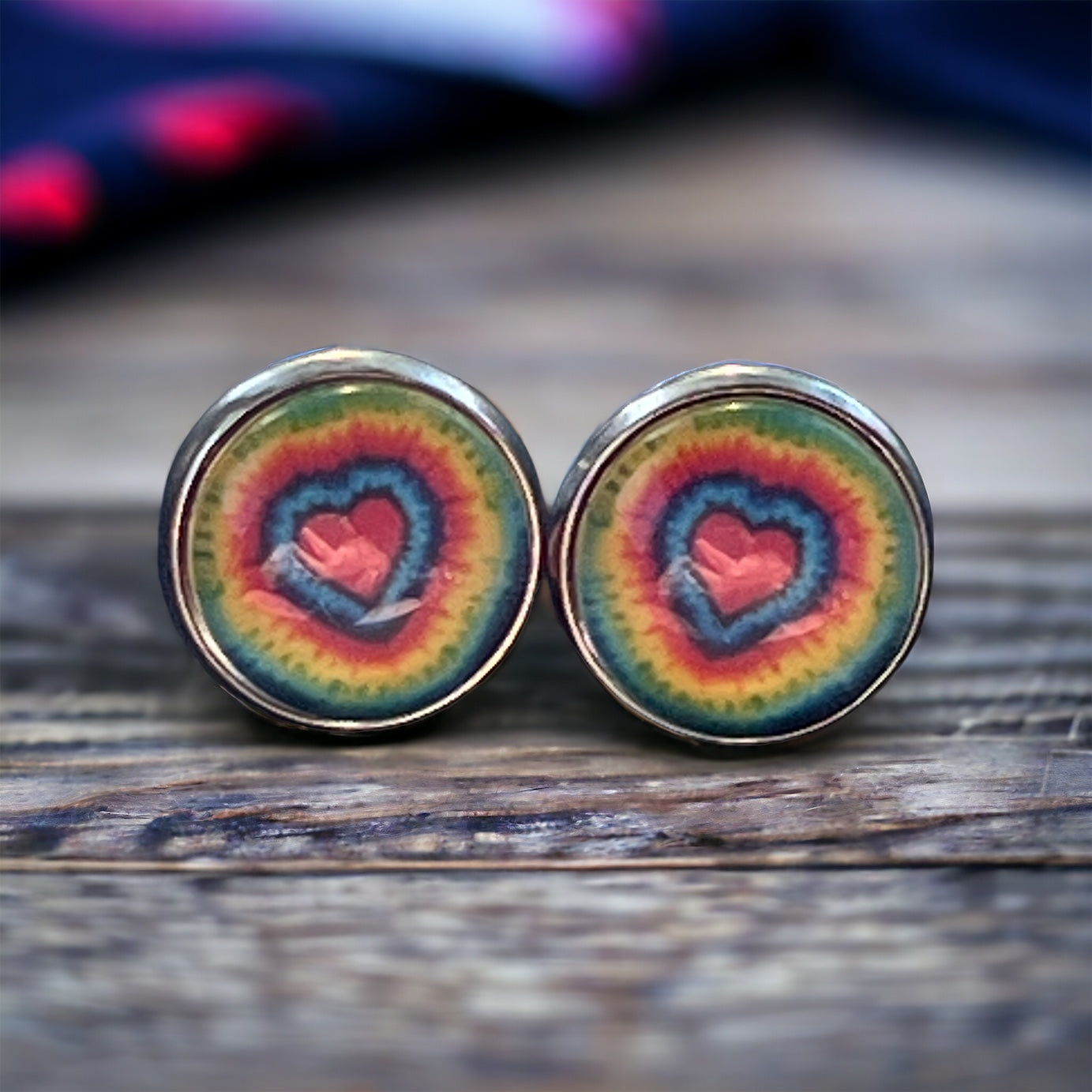 Rainbow Heart Stud Earrings – Colorful Tie-Dye Silver Jewelry