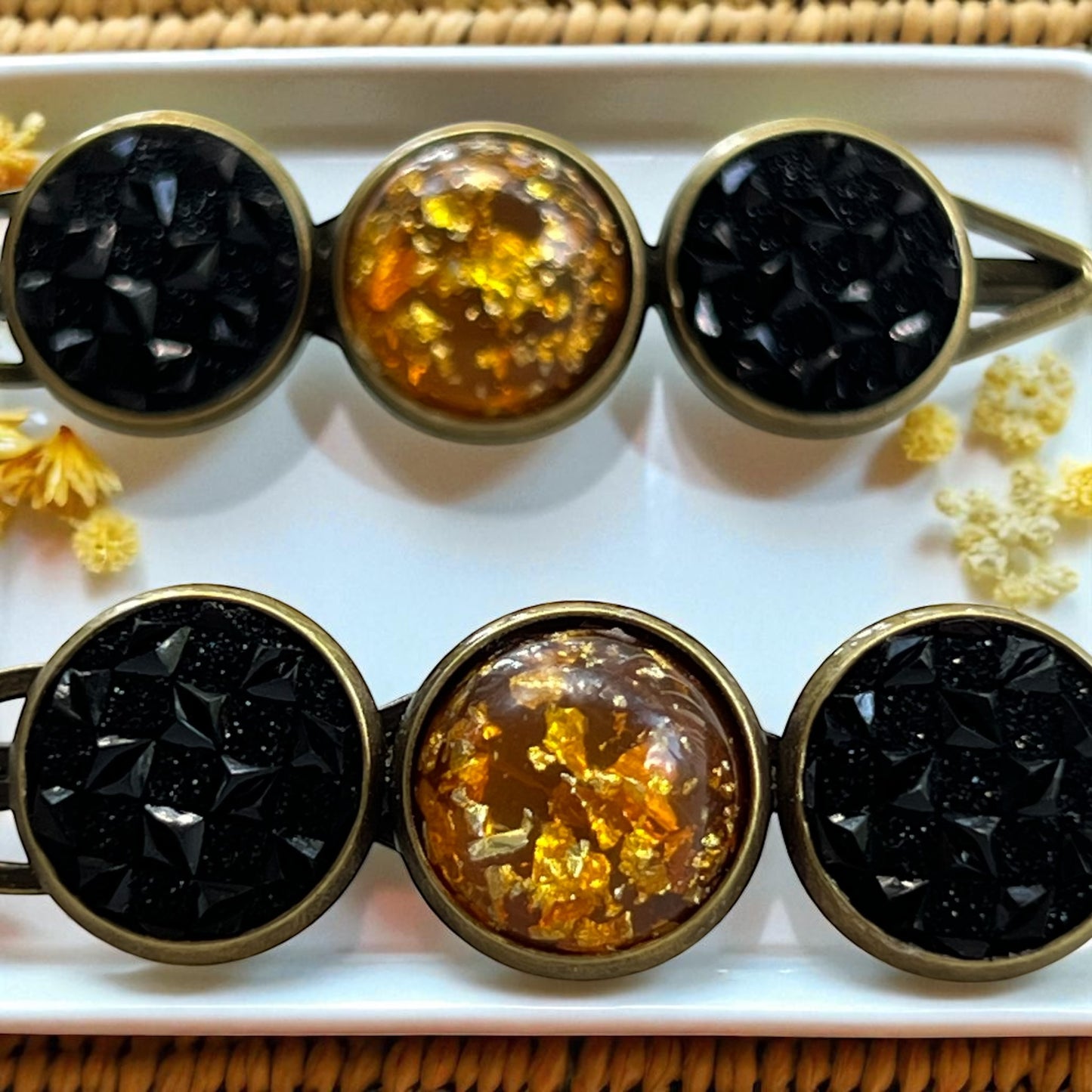 Fall Hair Pin Set – Amber & Black Crystal Handmade Bobby Pins