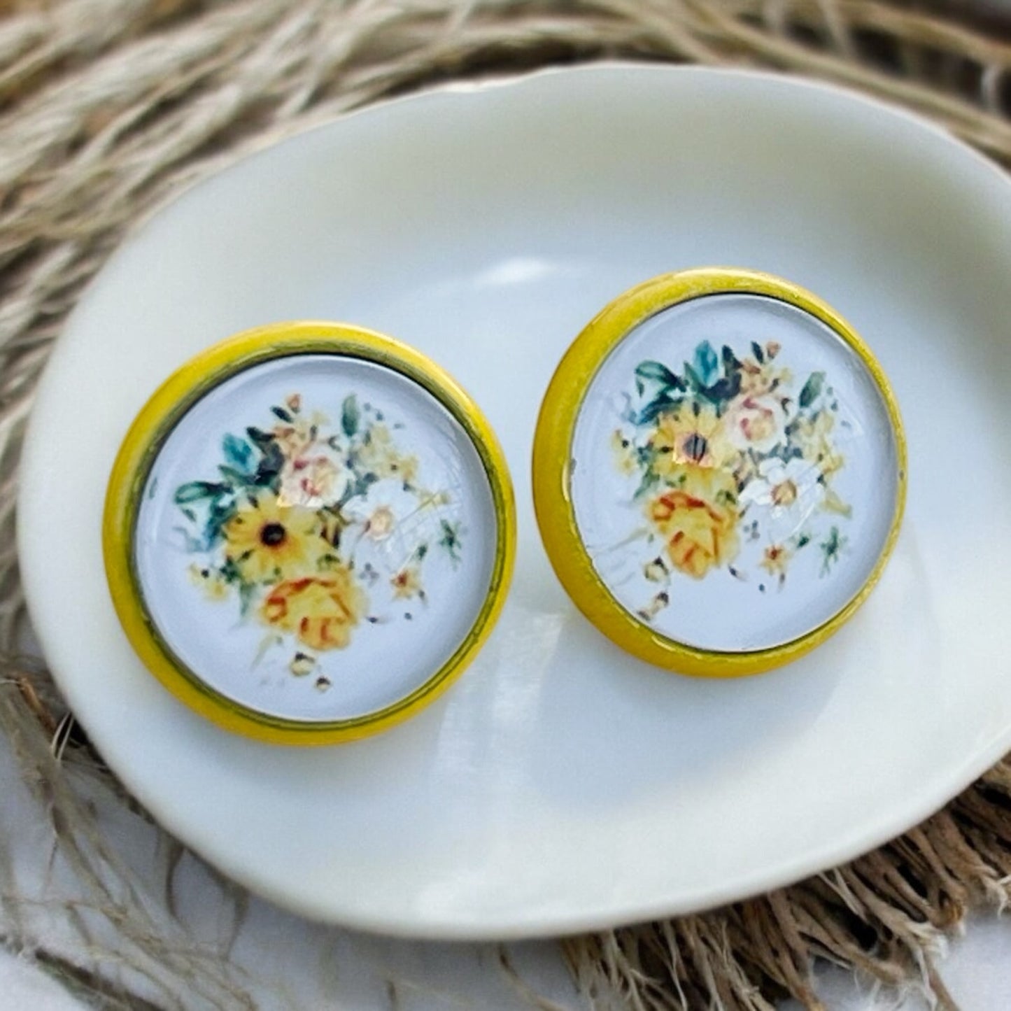 Yellow & White Floral Stud Earrings – Handmade Cottagecore Jewelry