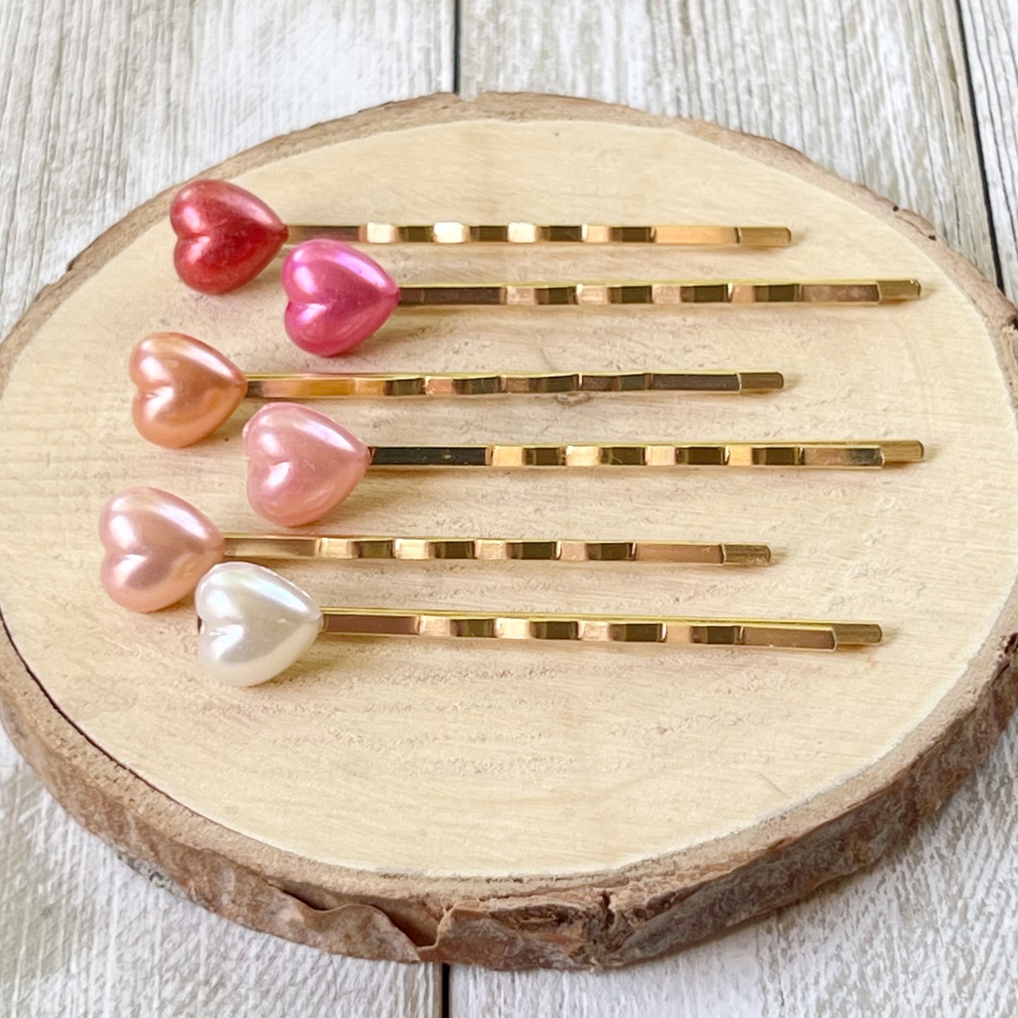 Pearlescent Heart Hair Pins – Gold Bobby Pin Set with Glossy Pastel Accents