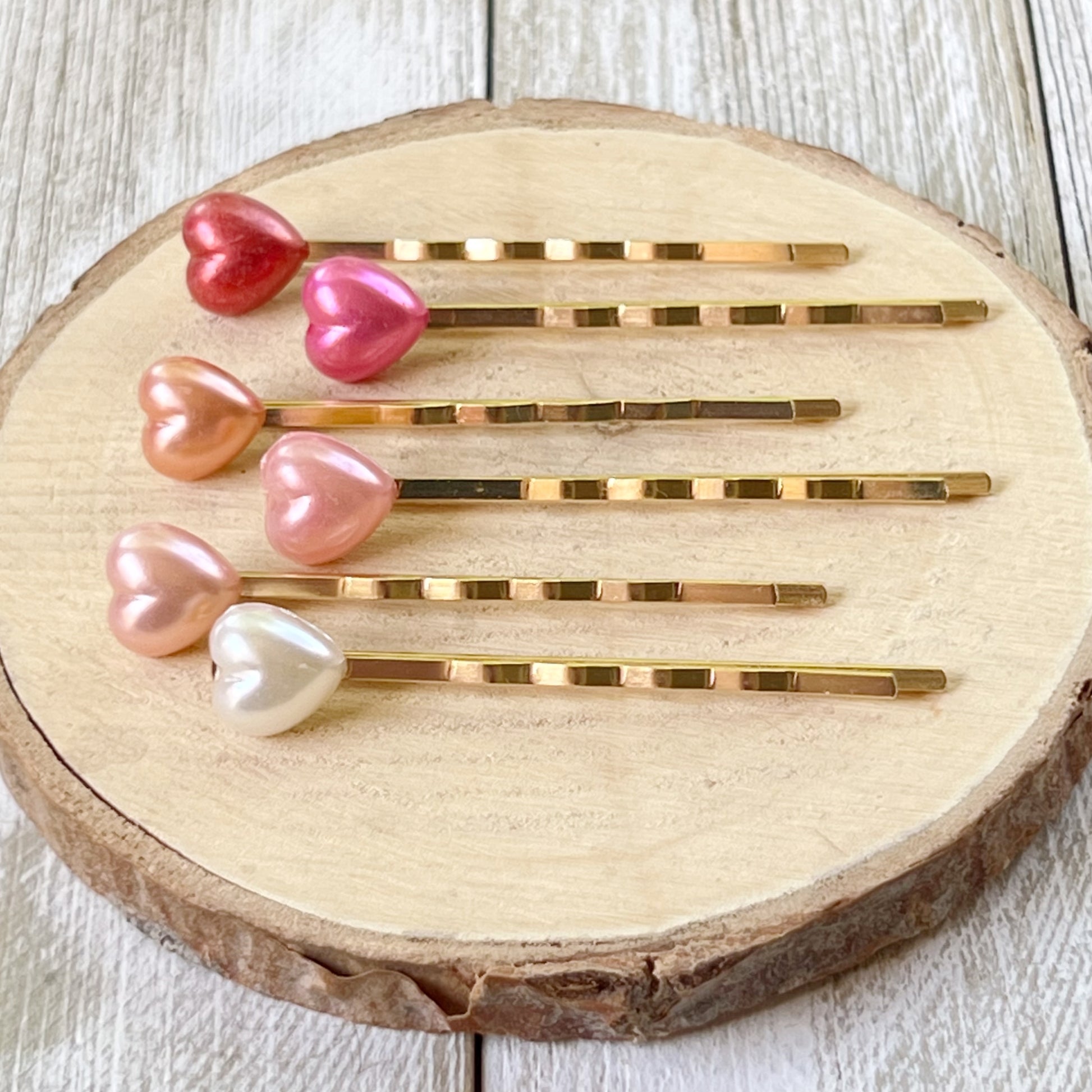 Pearlescent Heart Hair Pins – Gold Bobby Pin Set with Glossy Pastel Accents