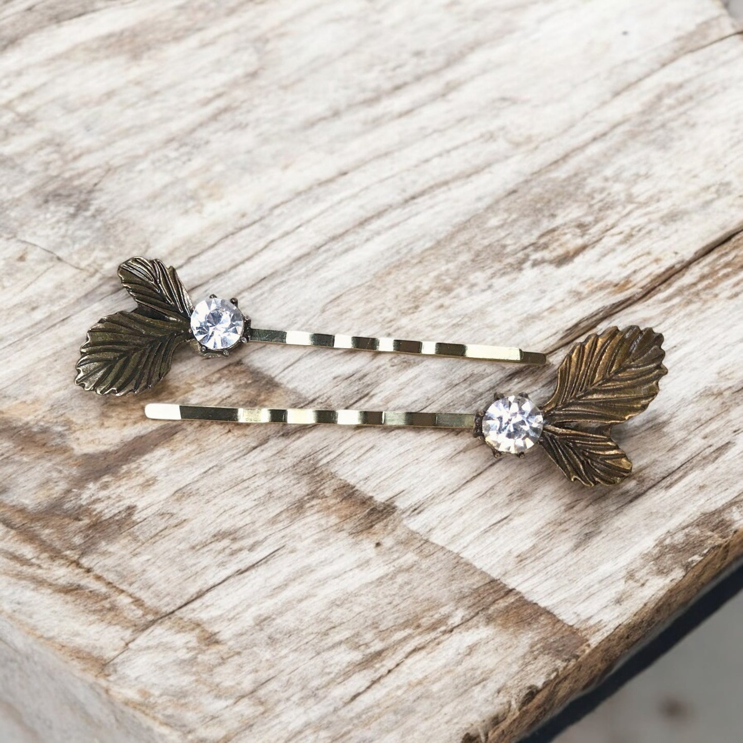 Antique Leaf Hair Pins – Vintage Brass Hair Clips with Rhinestones Set of 2