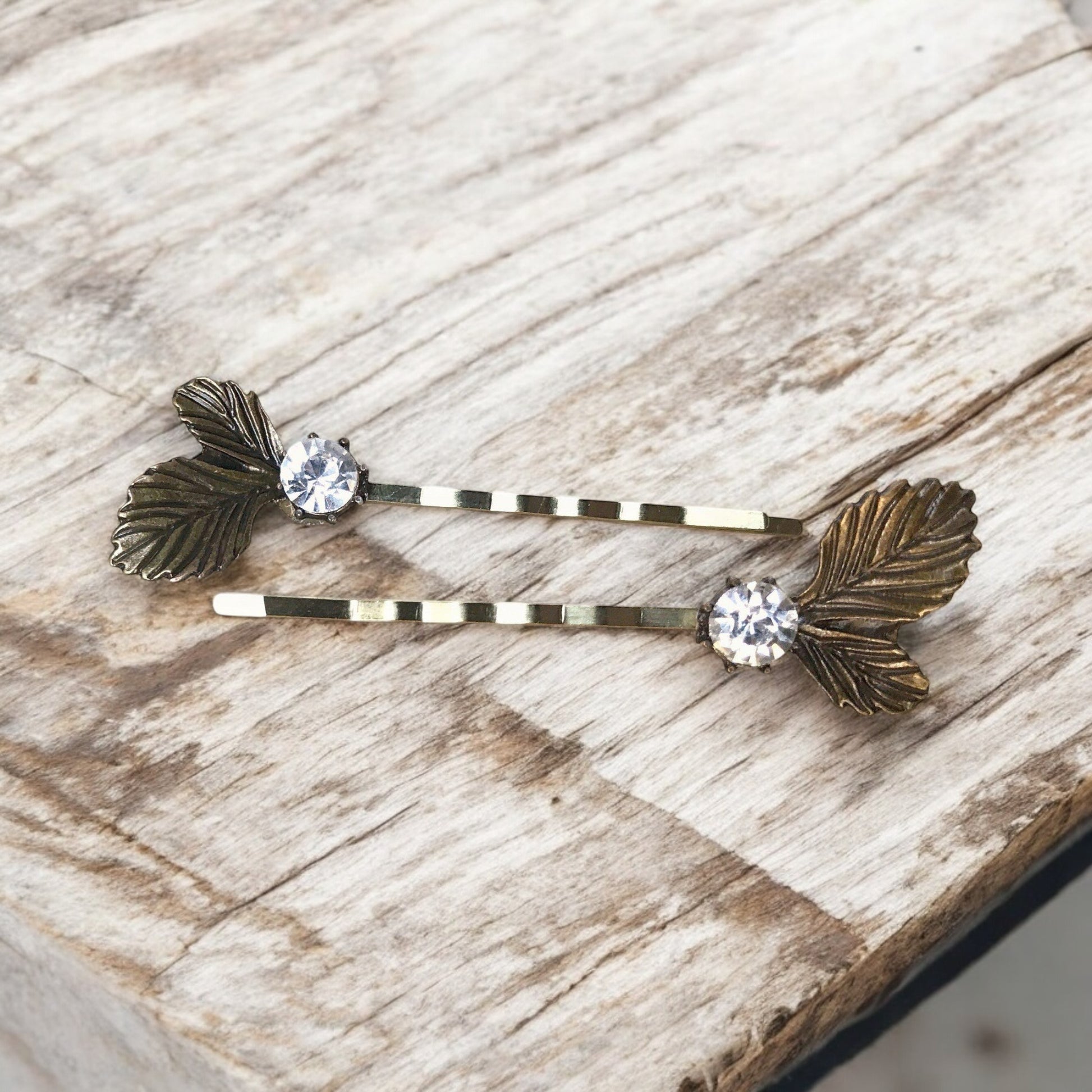 Antique Leaf Hair Pins – Vintage Brass Hair Clips with Rhinestones Set of 2