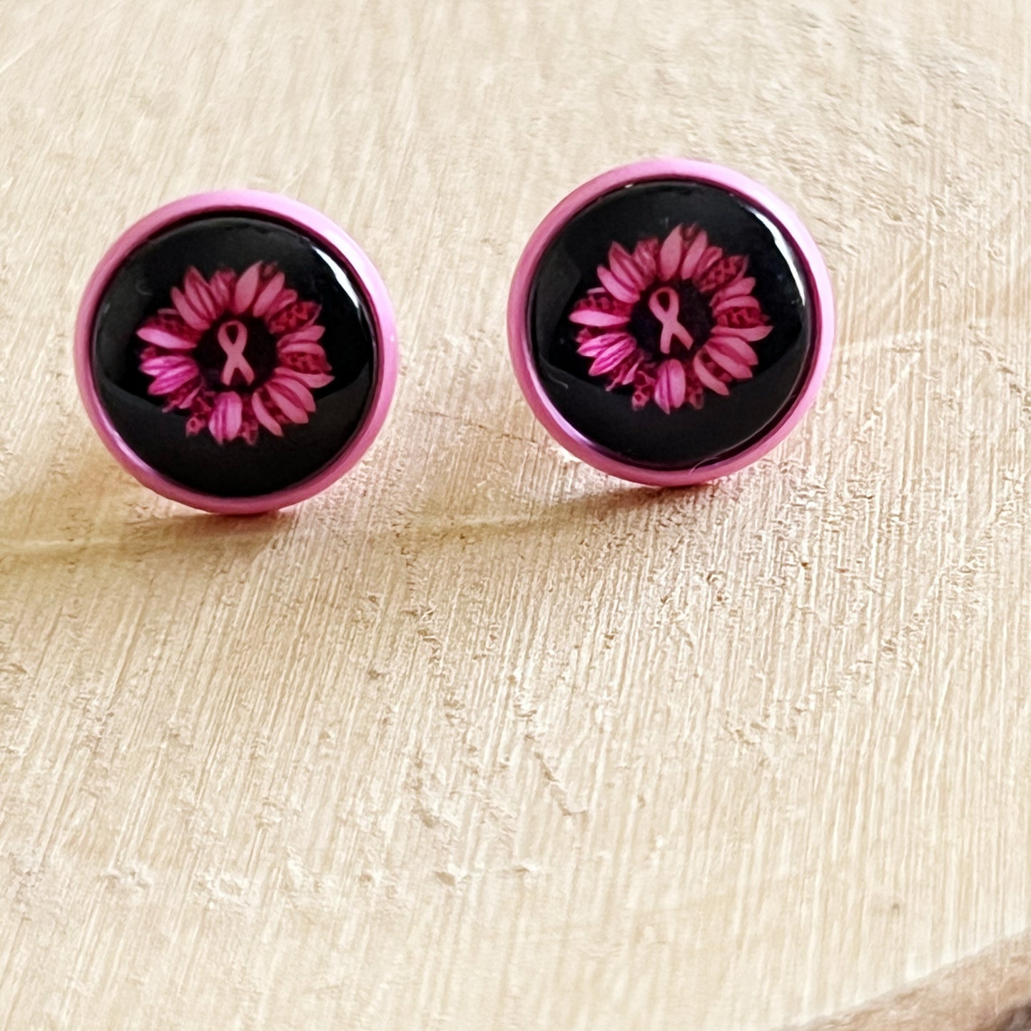 Pink Flower & Ribbon Stud Earrings – Breast Cancer Awareness Jewelry