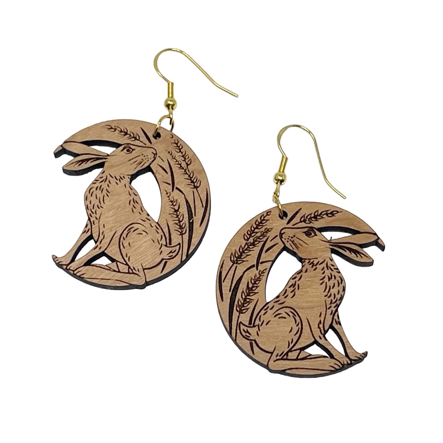 Wooden Bunny Earrings with Crescent Moon & Wheat Design - Whimsical and Nature-Inspired Accessories