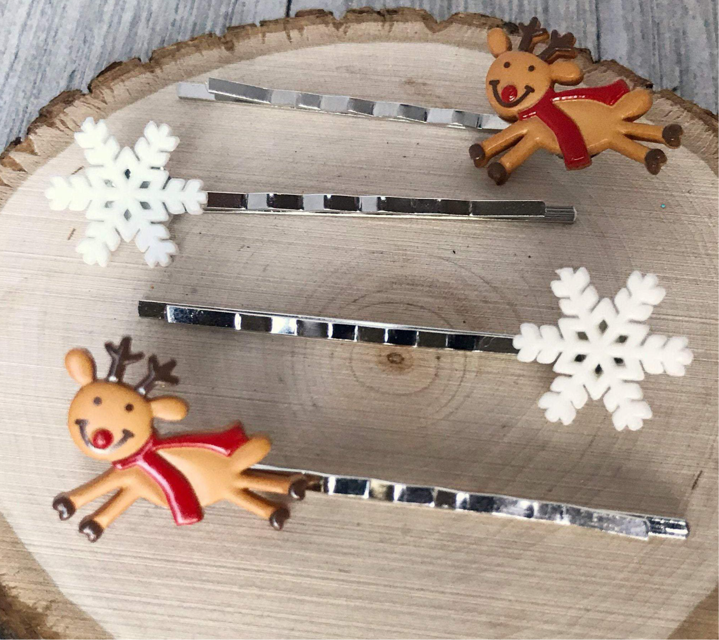 Reindeer & Snowflake Hair Pins, Christmas Bobby Pin Set of 4