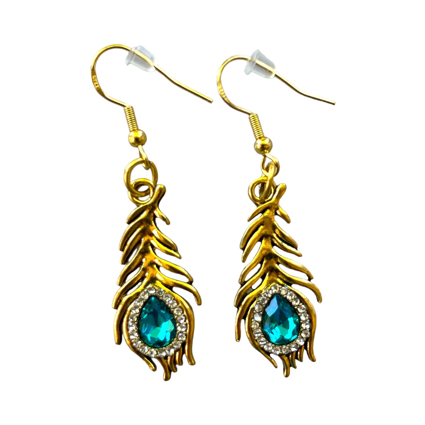 Peacock Feather Earrings – Gold Boho Glam Dangle Jewelry