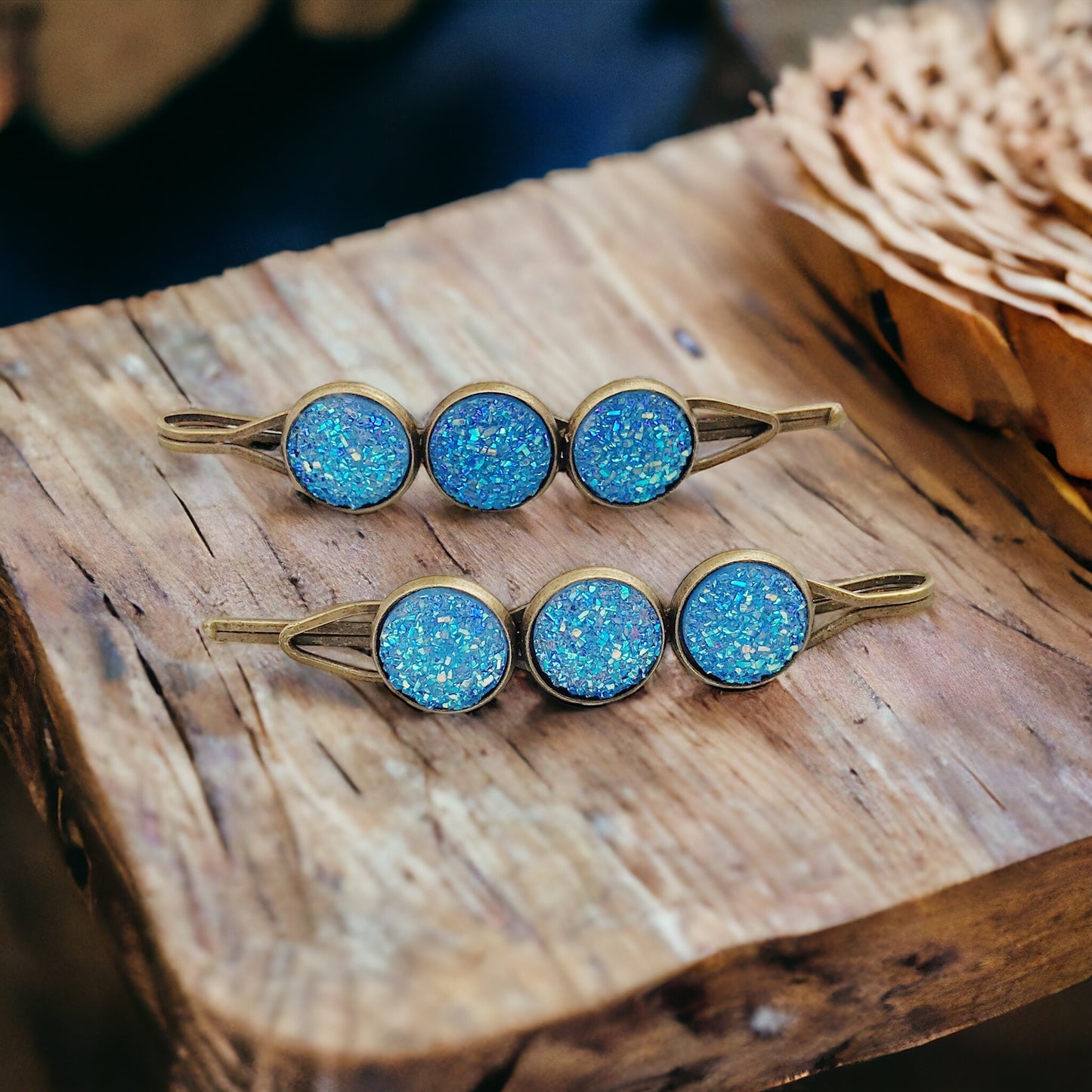 Blue Glitter Druzy Hair Pins - Sparkling & Stylish Hair Accessories