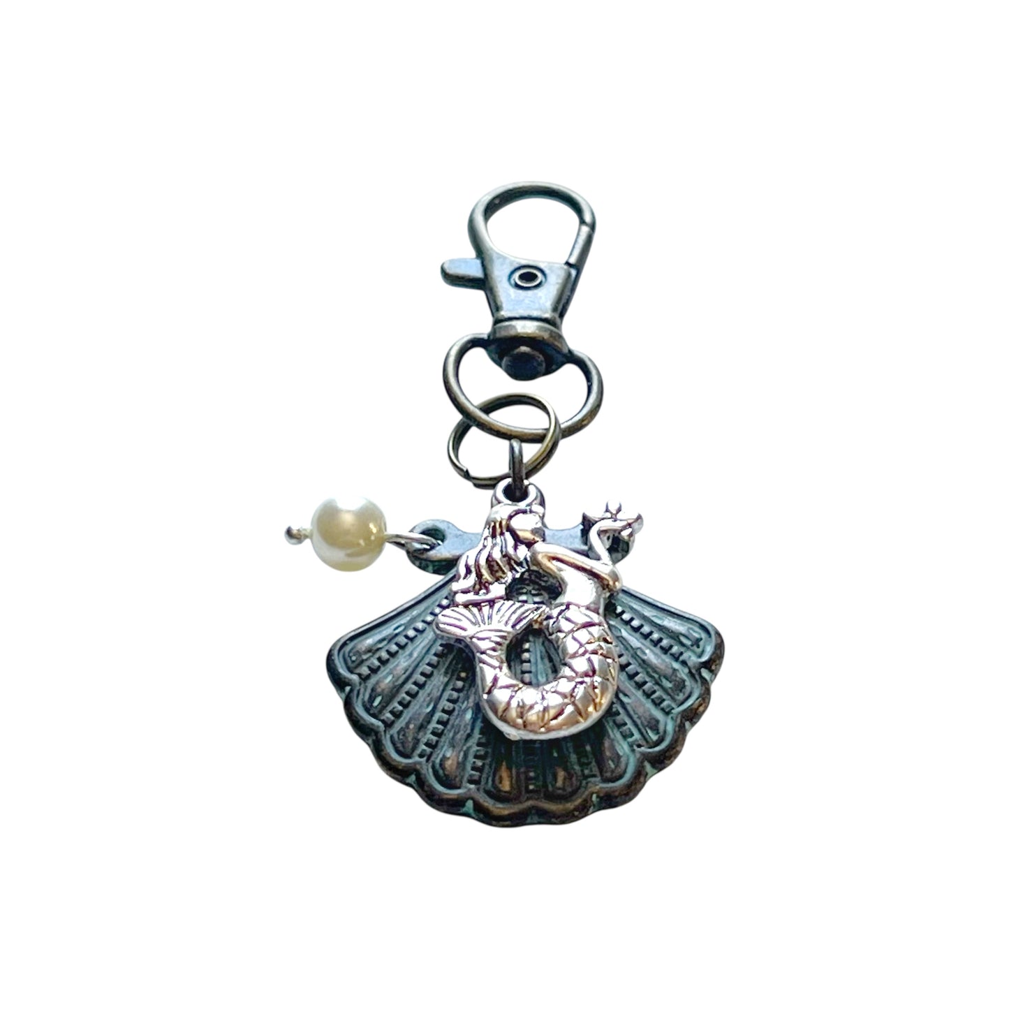 Mermaid & Seashell Purse Charm – Coastal Keychain with Pearl Accent