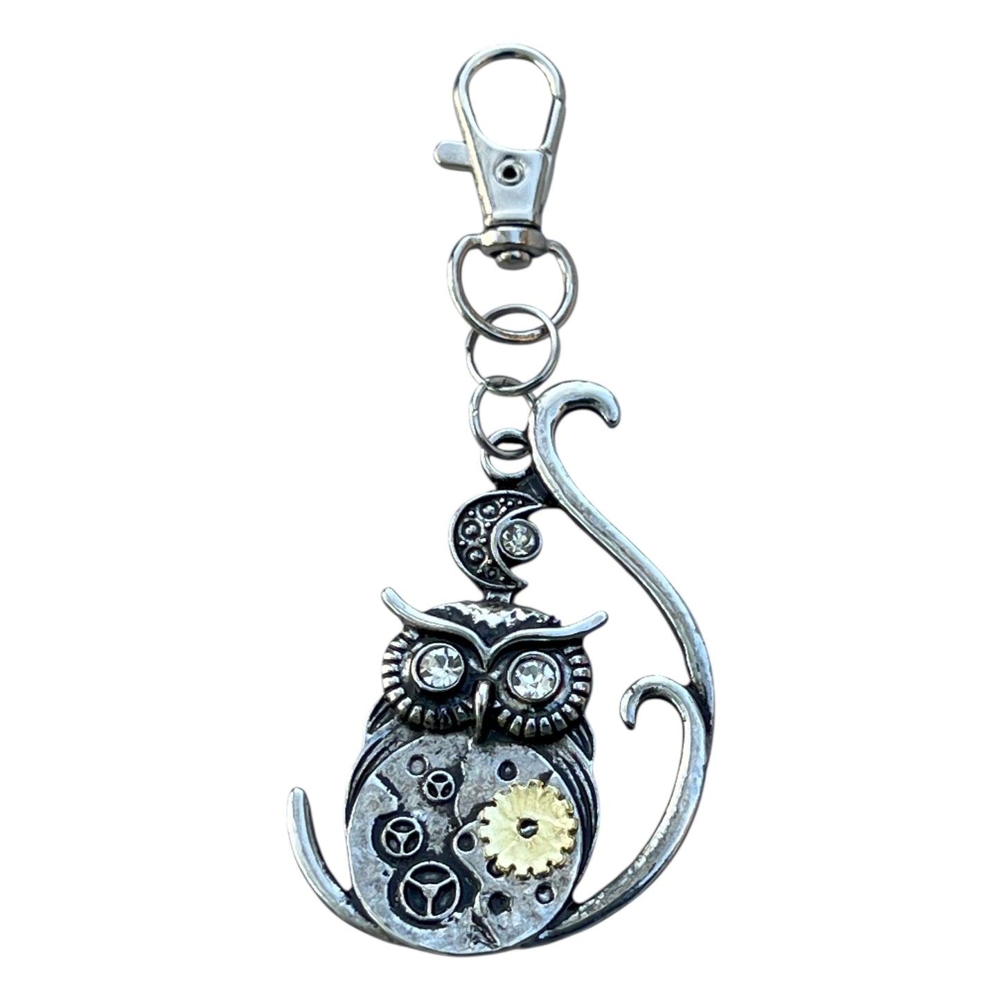 Steampunk Owl Purse Charm – Mixed Metal Gear Keychain