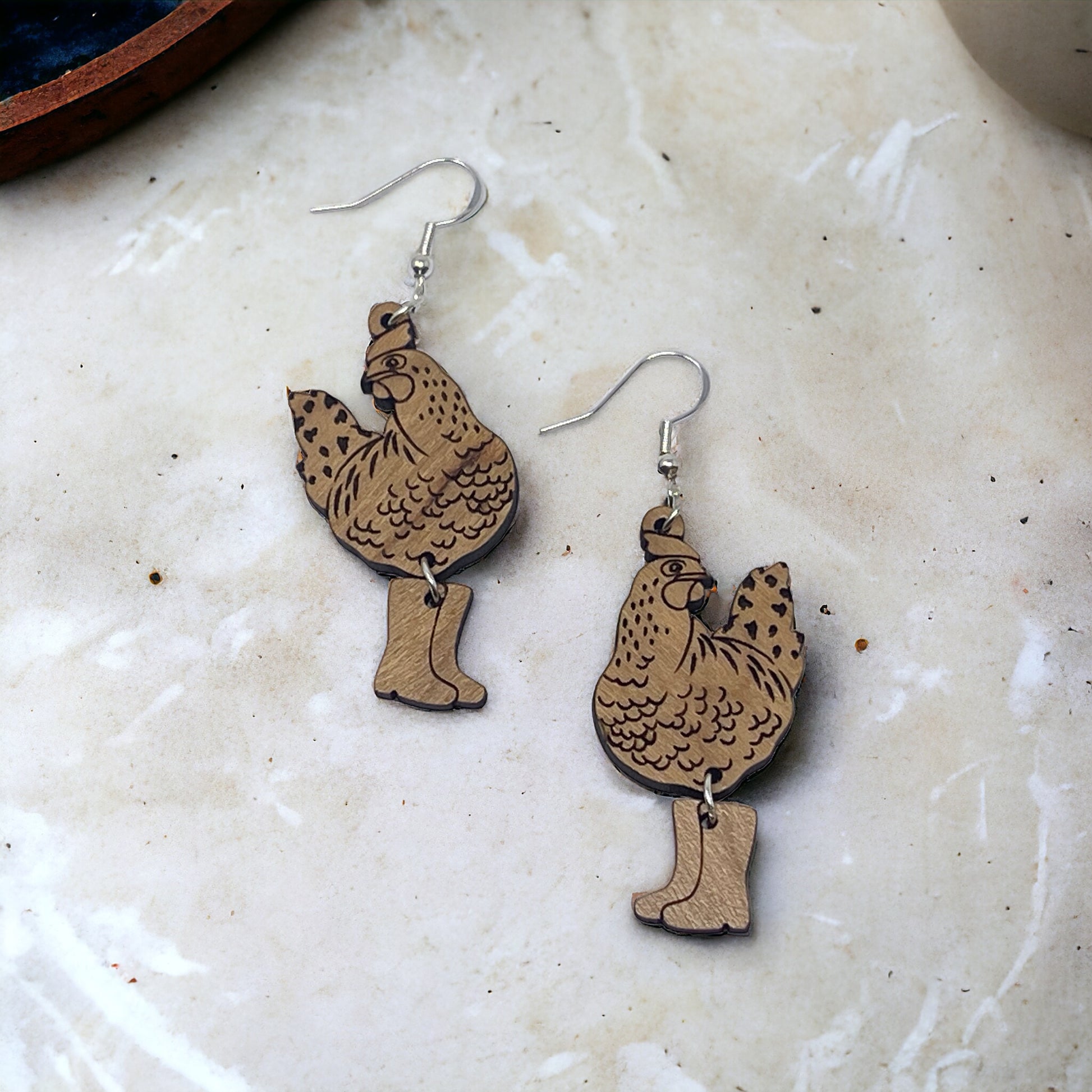 Chic Chicken in Boots Wood Earrings: Handmade Rustic Jewelry for Animal Lovers