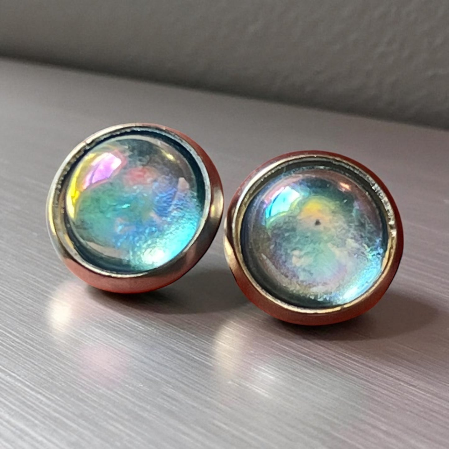 Iridescent Stud Earrings – Small Handmade Rainbow Dome Posts for Women