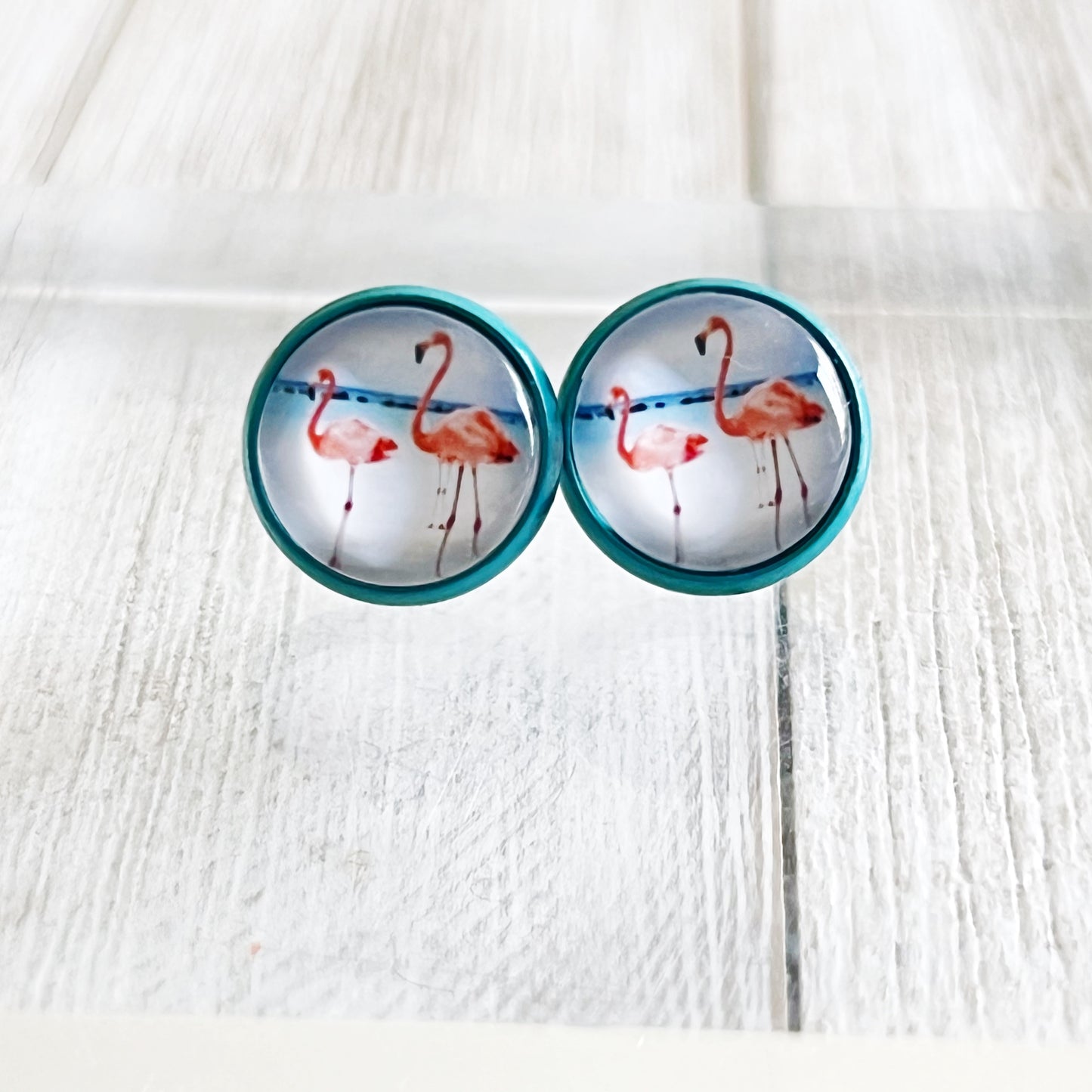 Flamingo Stud Earrings – Tropical Beach Jewelry in Teal Bezel Setting