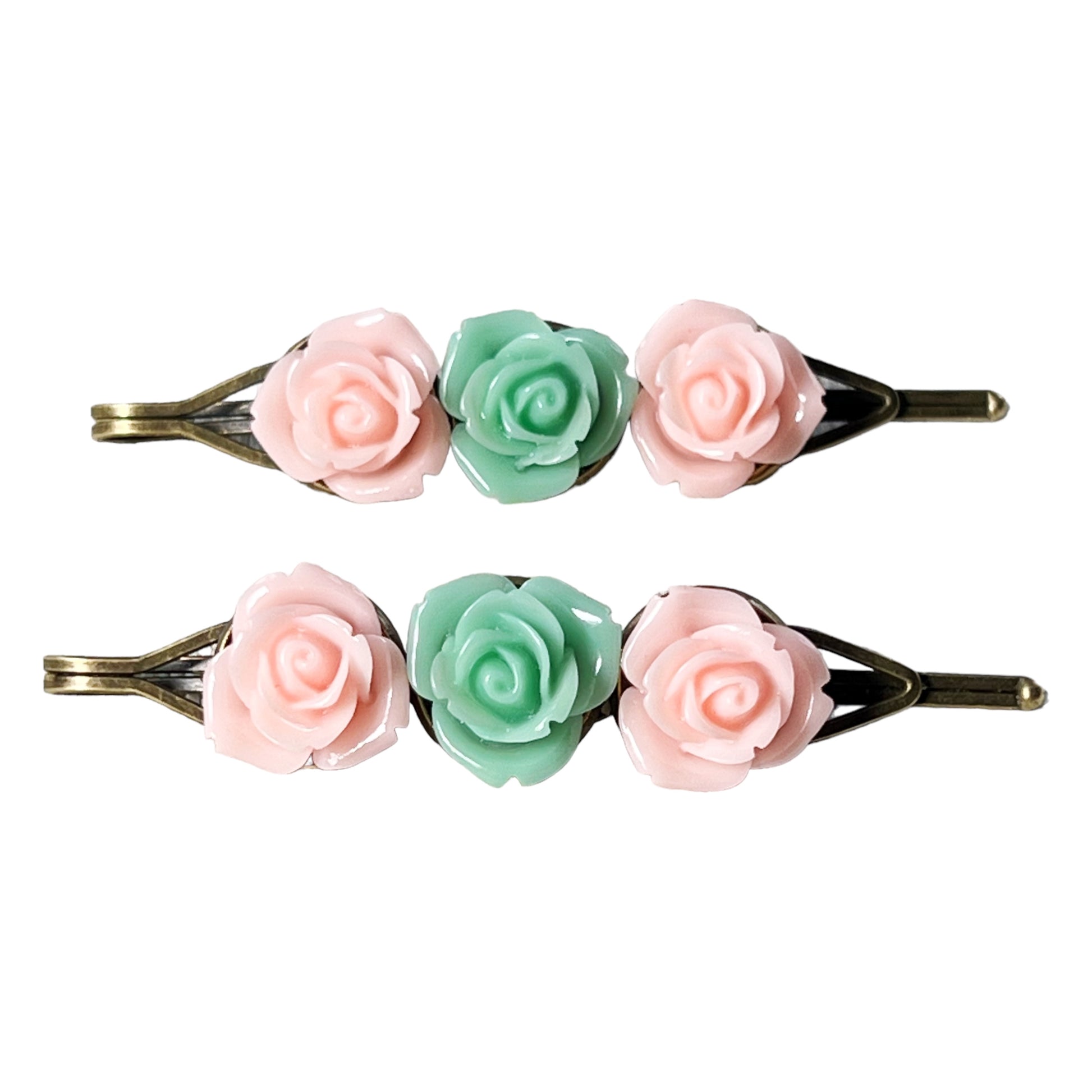 Pink & Mint Green Rose Floral Hair Pins: Delicate Springtime Accents