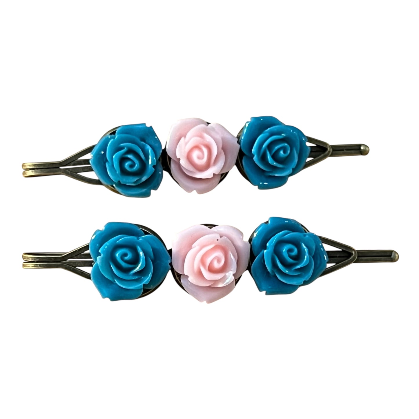 Teal & Light Pink Rose Hair Pins